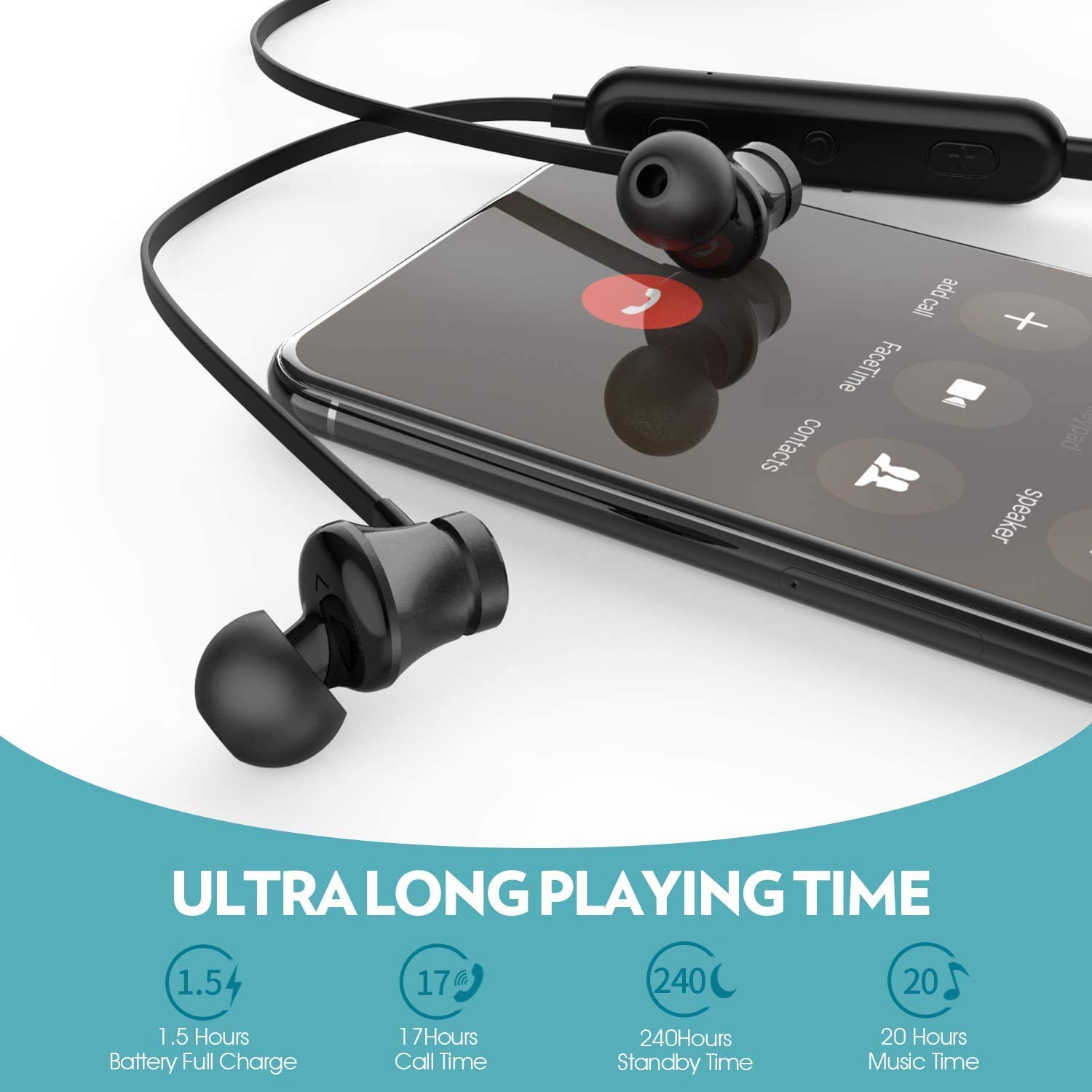 Wireless Bluetooth Headphones with 20Hrs Playtime, V5.0 Neckband Sport Earbuds, Noise Cancelling Mic for Gym Running - Compatible with iPhone Samsung Android - Perfect for Workouts, Commuting & Travel