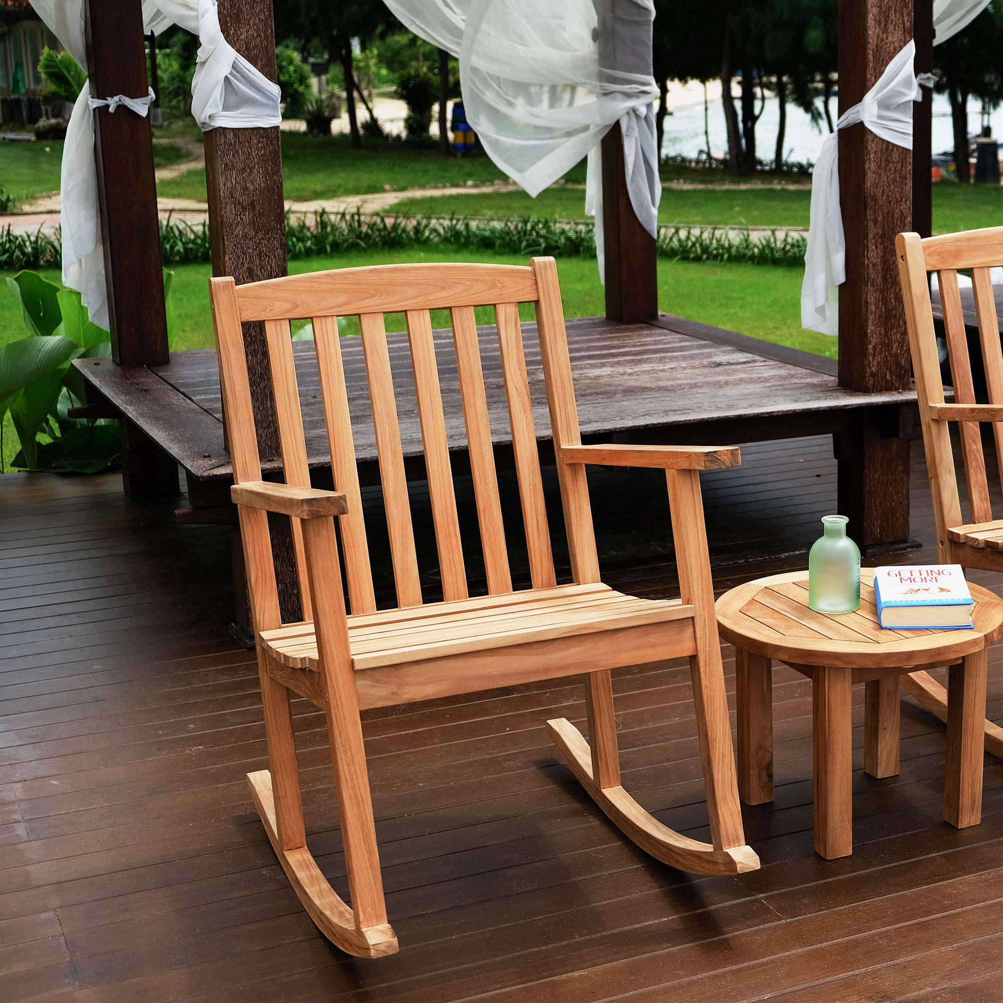 Alveare Home Bodega Classic Teak Outdoor Rocking Chair - Natural Wood Patio Rocker for Porch, Garden & Backyard Relaxation