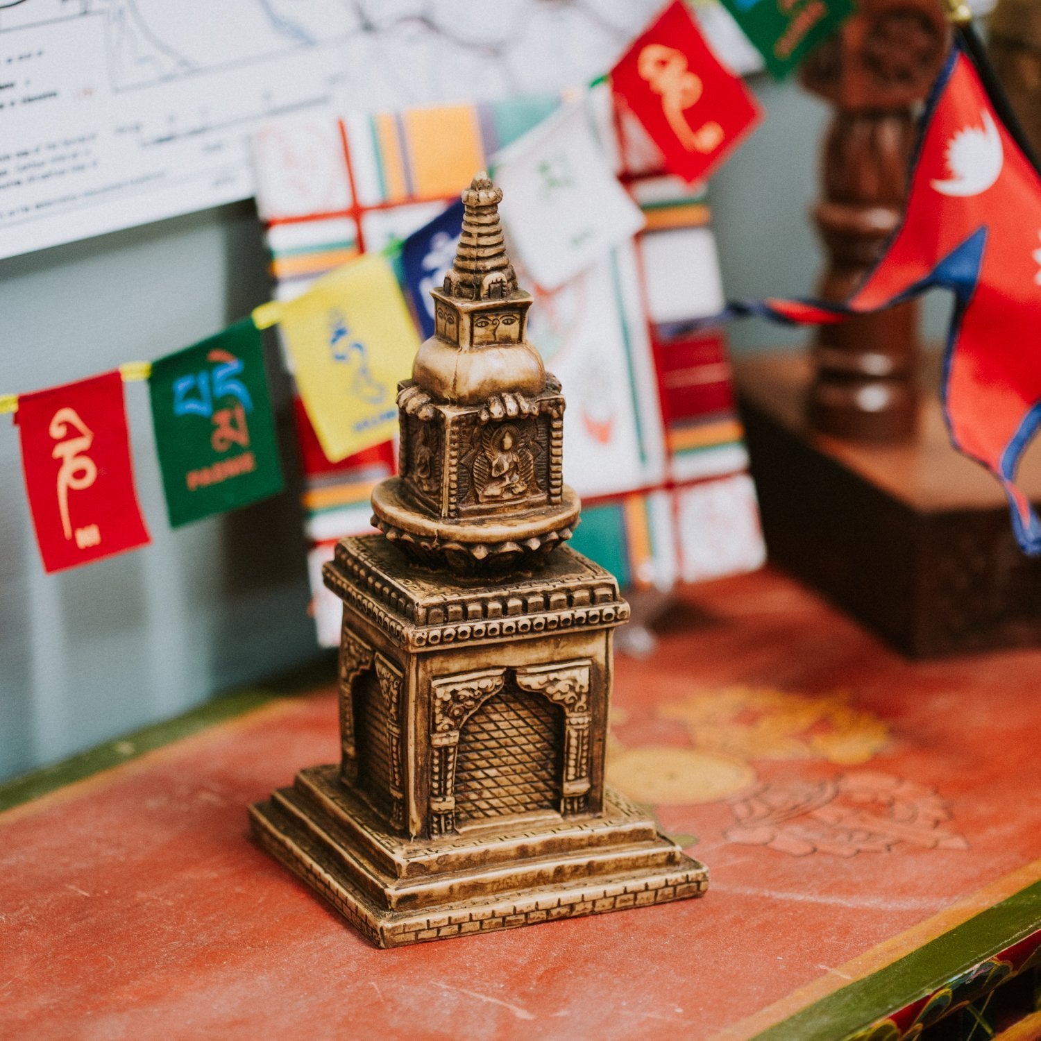 Premium Wooden Table Top Altar Stupa - Handcrafted Buddhist Meditation Decor for Home, Office & Spiritual Spaces