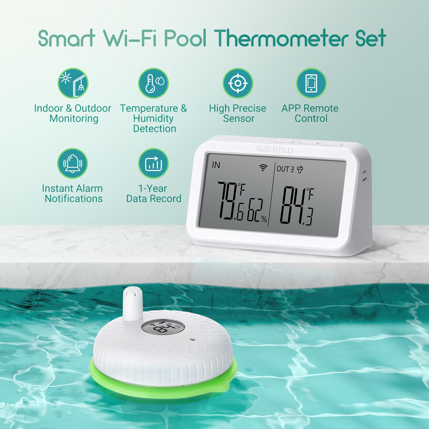 INKBIRD IBS-P02R WiFi Floating Pool Thermometer with IBS-M2 Gateway - Wireless Digital Swimming Pool Temperature Monitor for Easy Reading | Perfect for Backyard Pools, Hot Tubs & Aquariums