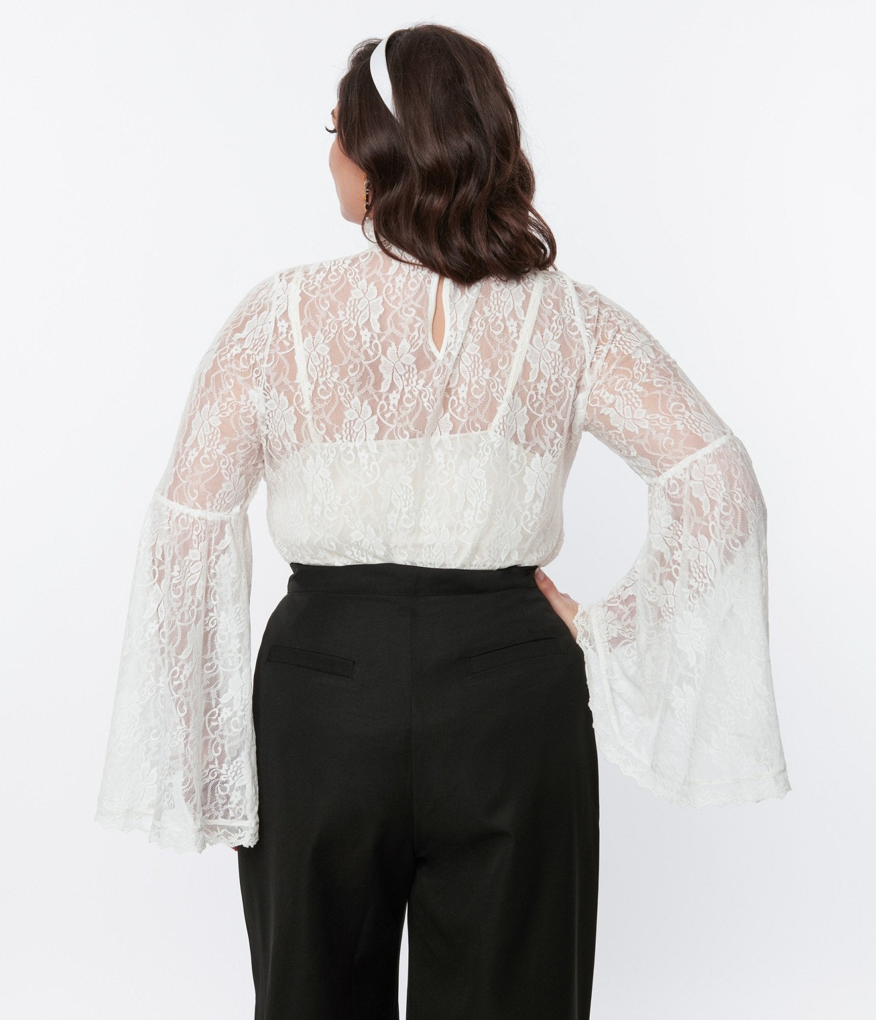 Smak Parlour White Lace Bell Sleeve Blouse - Elegant Women's Top for Office, Party & Special Occasions