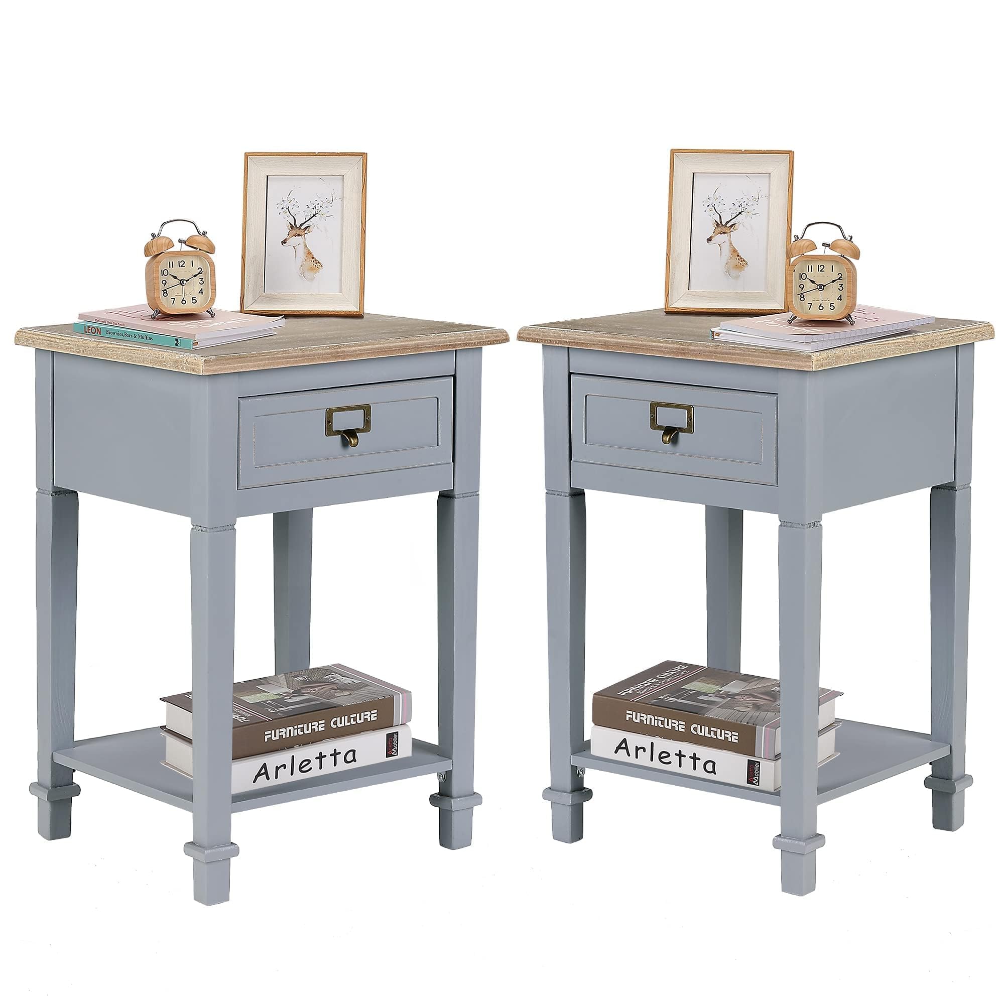 Rustic Farmhouse Wooden End Table with Drawers and Open Shelf - Handcrafted Nightstand for Living Room, Bedroom - Set of 2, Natural Wood Finish - Perfect for Home Decor and Small Space Storage