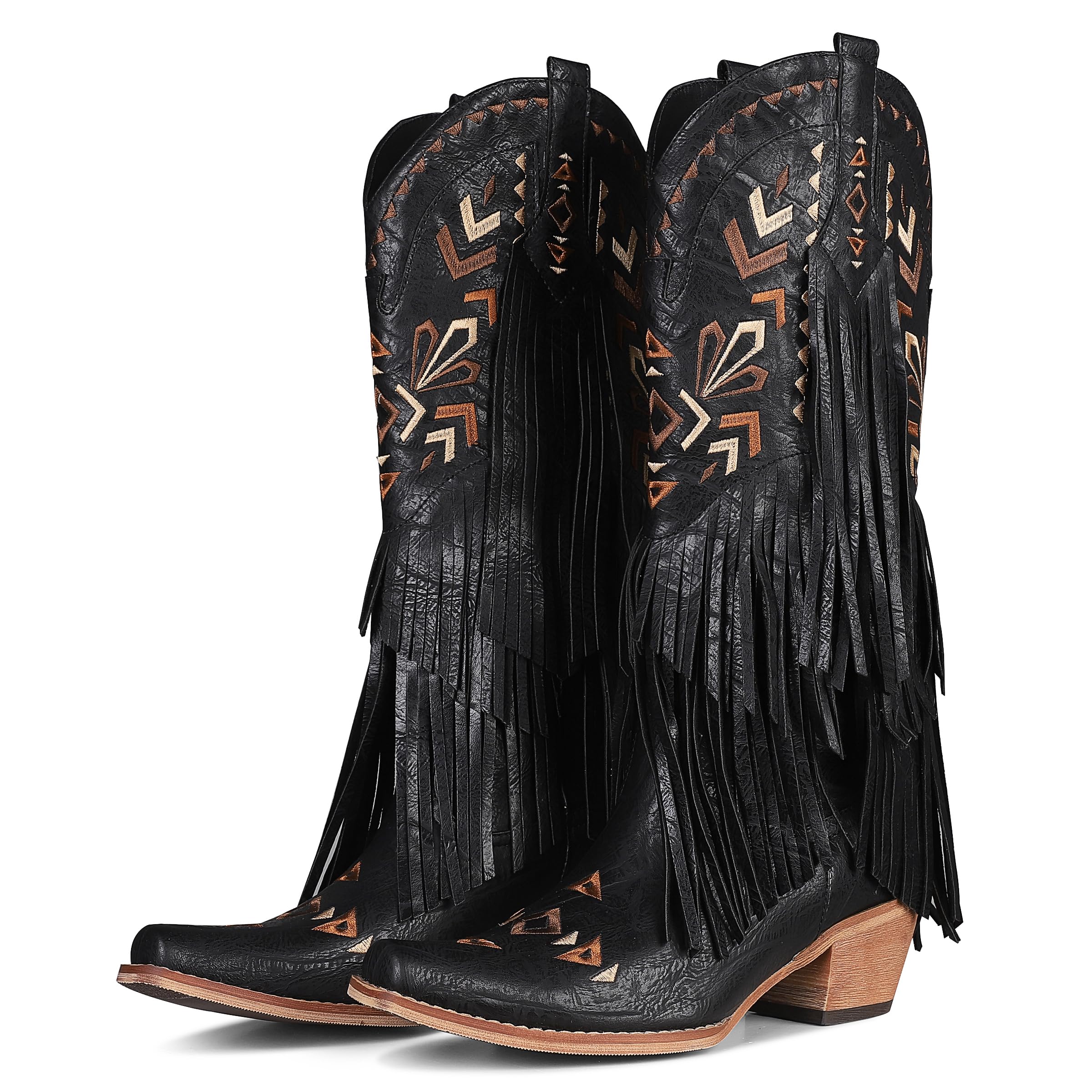 **Kalstage Women's Brown Cowboy Boots - Knee High Western Cowgirl Boots with Embroidery, Tassel & Fringe - Chunky Mid Heel Pointed Toe Pull-On Boots for Party, Dress & Country Style**    **Perfect for:** Western-themed parties, country dancing, rodeo events, casual outings, and fashion styling.