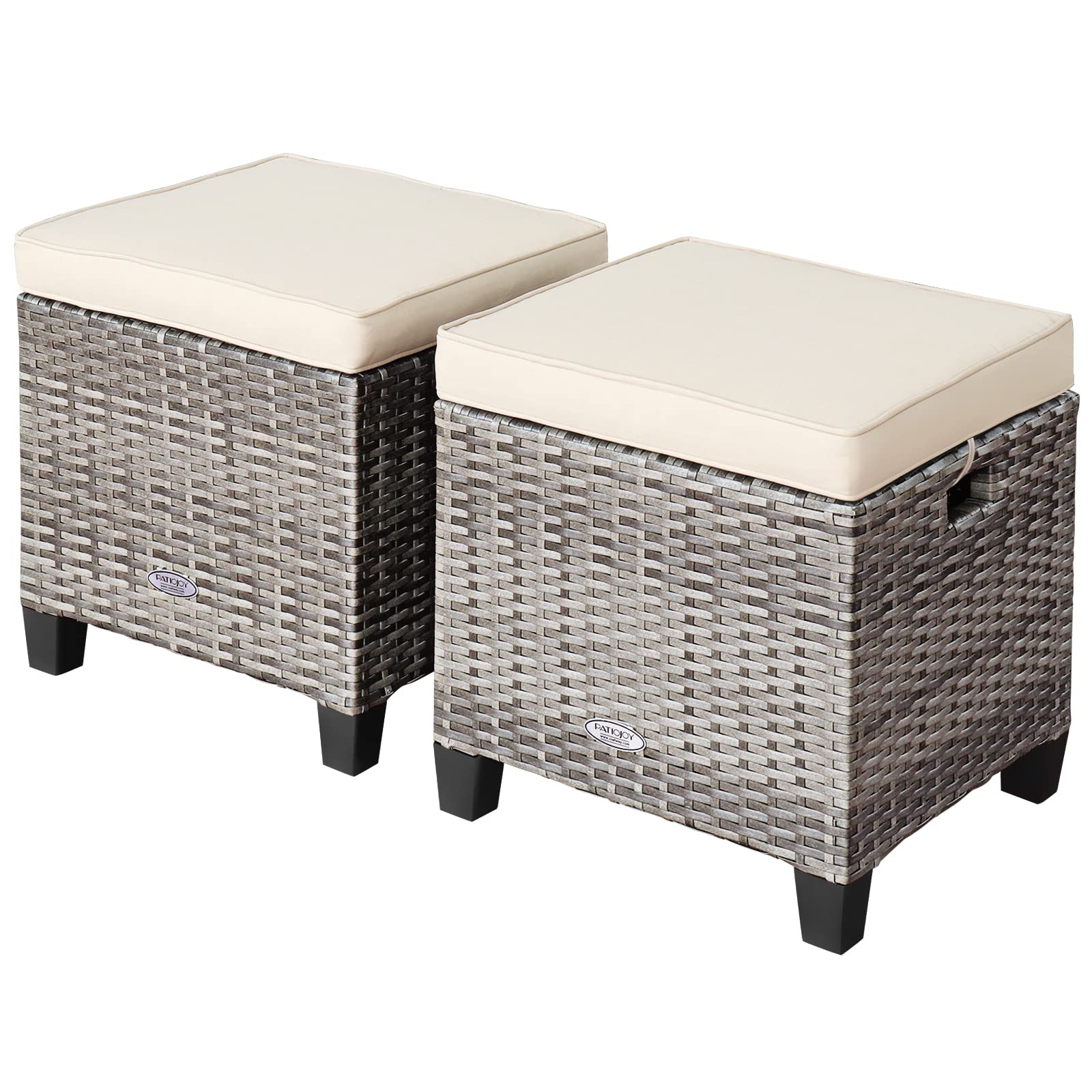 RELAX4LIFE 2-Piece Outdoor Rattan Ottoman Set with Cushions - All-Weather Wicker Patio Furniture with 2 Footrest Stools, Durable Steel Frame for Backyard, Garden, Poolside & Deck (White)