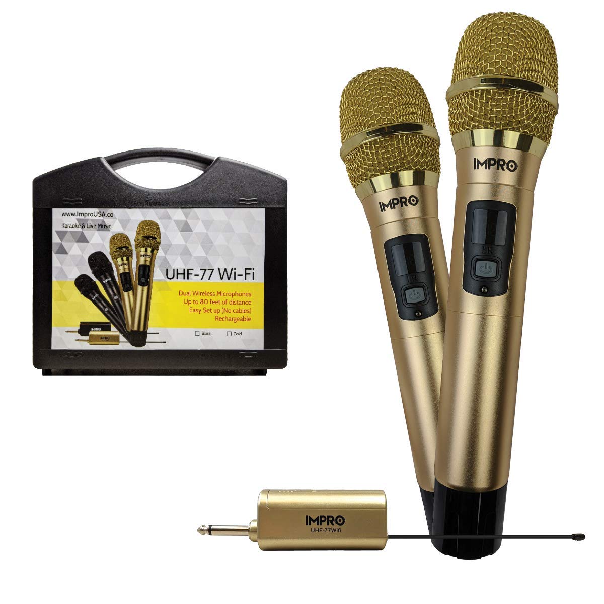 Professional UHF Wireless Microphone System - ImPro UHF-77Wifi with Gold Finish & Carrying Case | Ideal for Live Performances, Karaoke, Church Services & Public Speaking Events