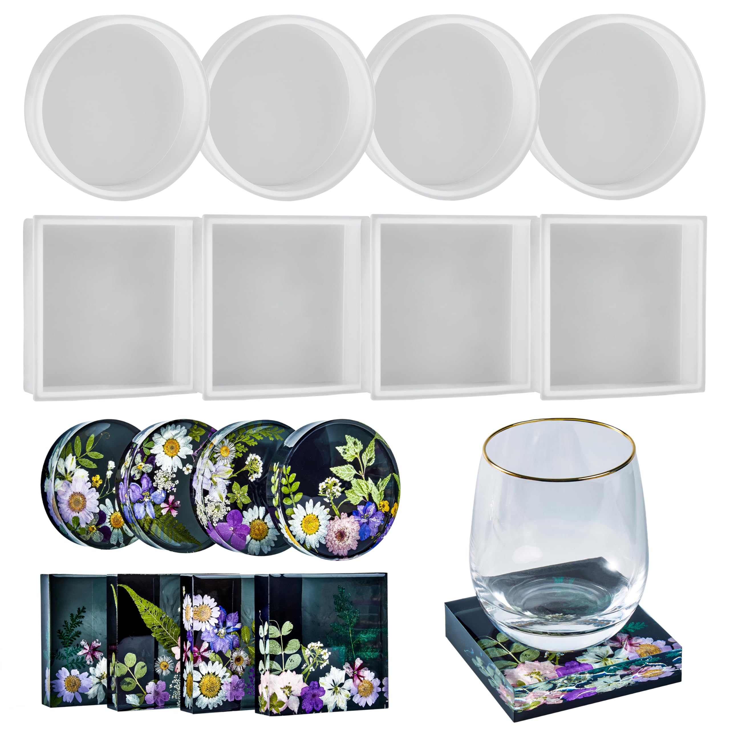8Pcs Resin Coaster Mold Set - 4 Square & 4 Round Thick Silicone Molds for DIY Epoxy Resin Casting, Coasters, Cup Mats - Perfect for Home Decor, Gift Making & Craft Projects