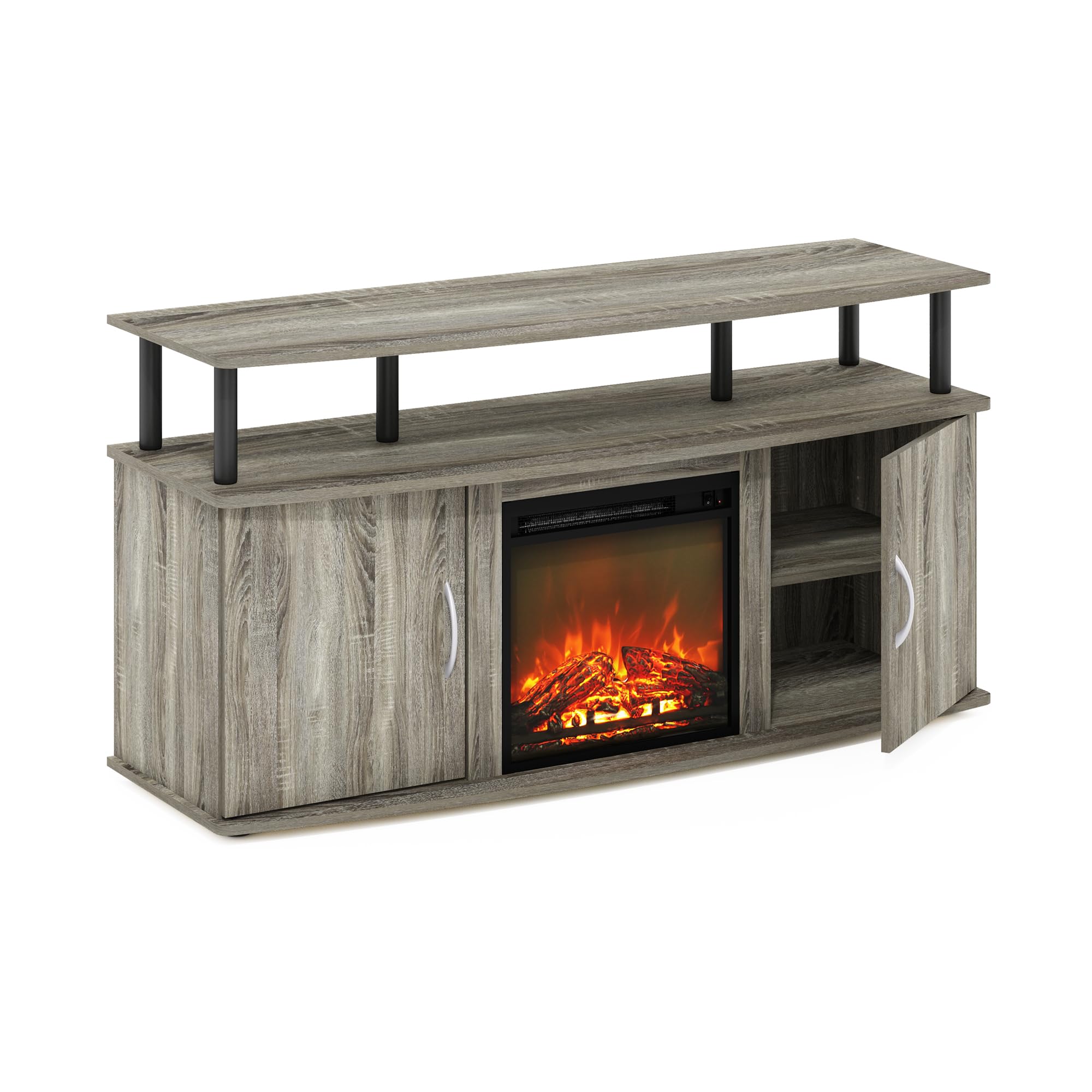 Furinno Jensen 55 Inch TV Stand with Fireplace Design, Storage Cabinet & Doors - French Oak Grey/Black - Perfect for Living Room Entertainment Centers & Home Theater Setups