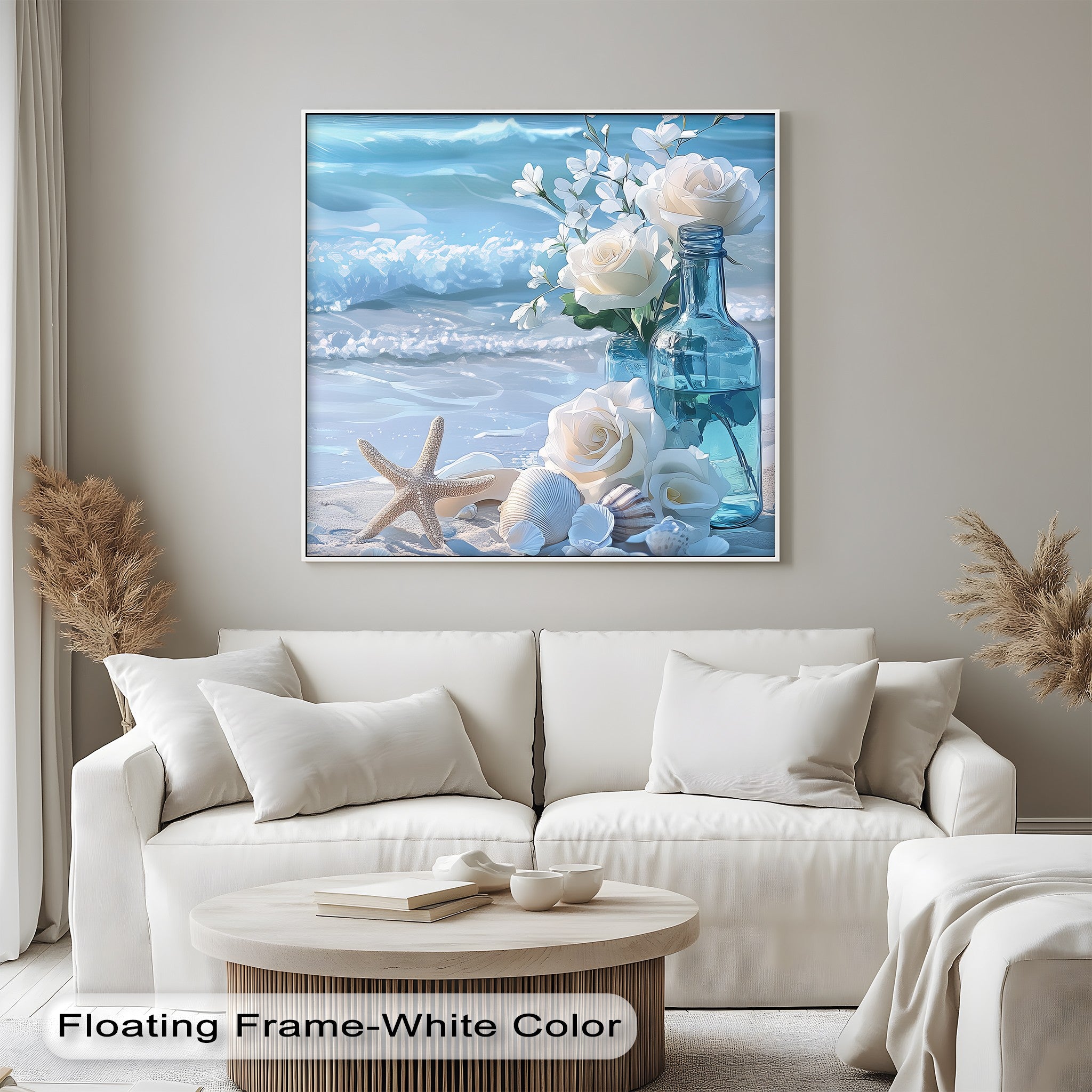 Coastal Elegance White Roses & Ocean Breeze Canvas Print Wall Art - Beach House Decor, Living Room & Bedroom Wall Decor for Coastal Style Homes