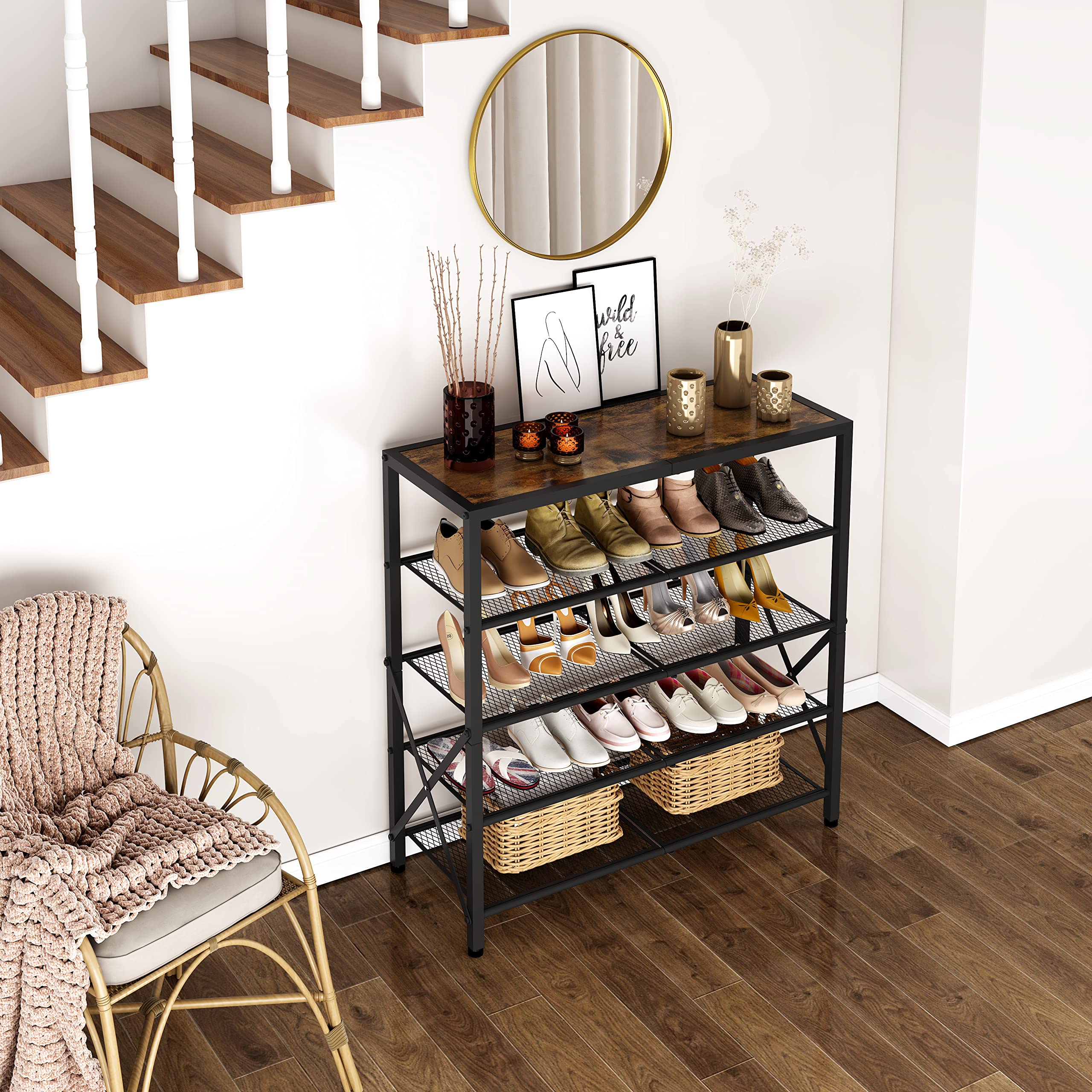 Tajsoon 5-Tier Metal Shoe Rack Organizer - Holds 16-20 Pairs | Industrial Shoe Storage Shelf for Closet, Entryway & Front Door | Sturdy X-Shape Frame in Brown & Black | Perfect for Apartments, Dorm Rooms & Mudroom Organization