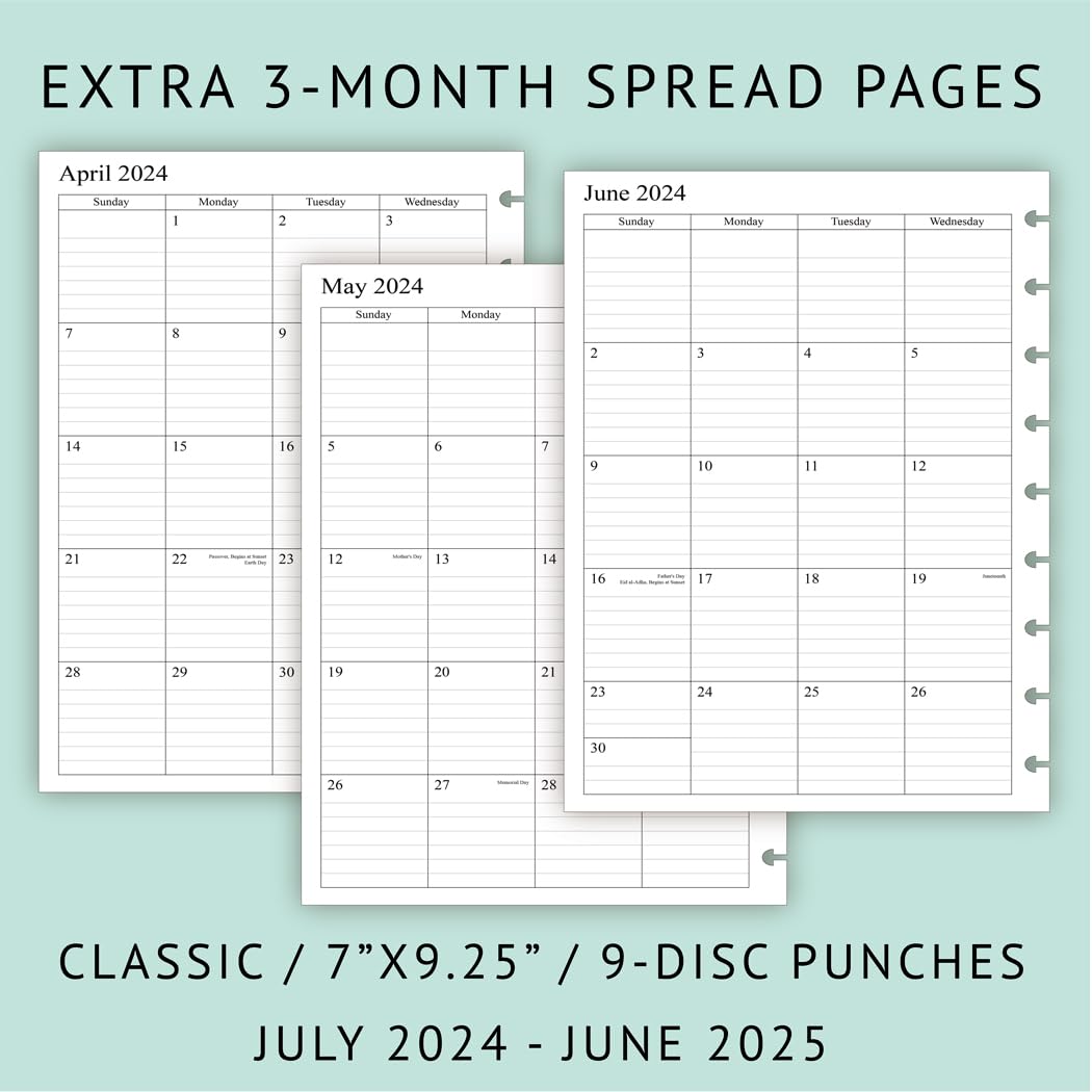 Newestor 2024-2025 Weekly Planner Refills for Happy Planner - July 2024 to June 2025 Calendar, 9 Discs Punched, Classic Size 7