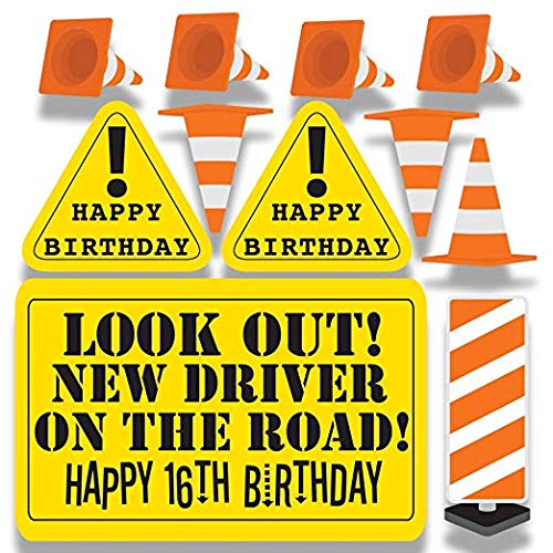 VictoryStore 16th Birthday Yard Sign - 'Look Out! New Driver On The Road!' Happy Sweet 16 Outdoor Decor with 11pc Set (12438) - Perfect for Front Yard Birthday Celebrations & Driver's License Milestone Parties