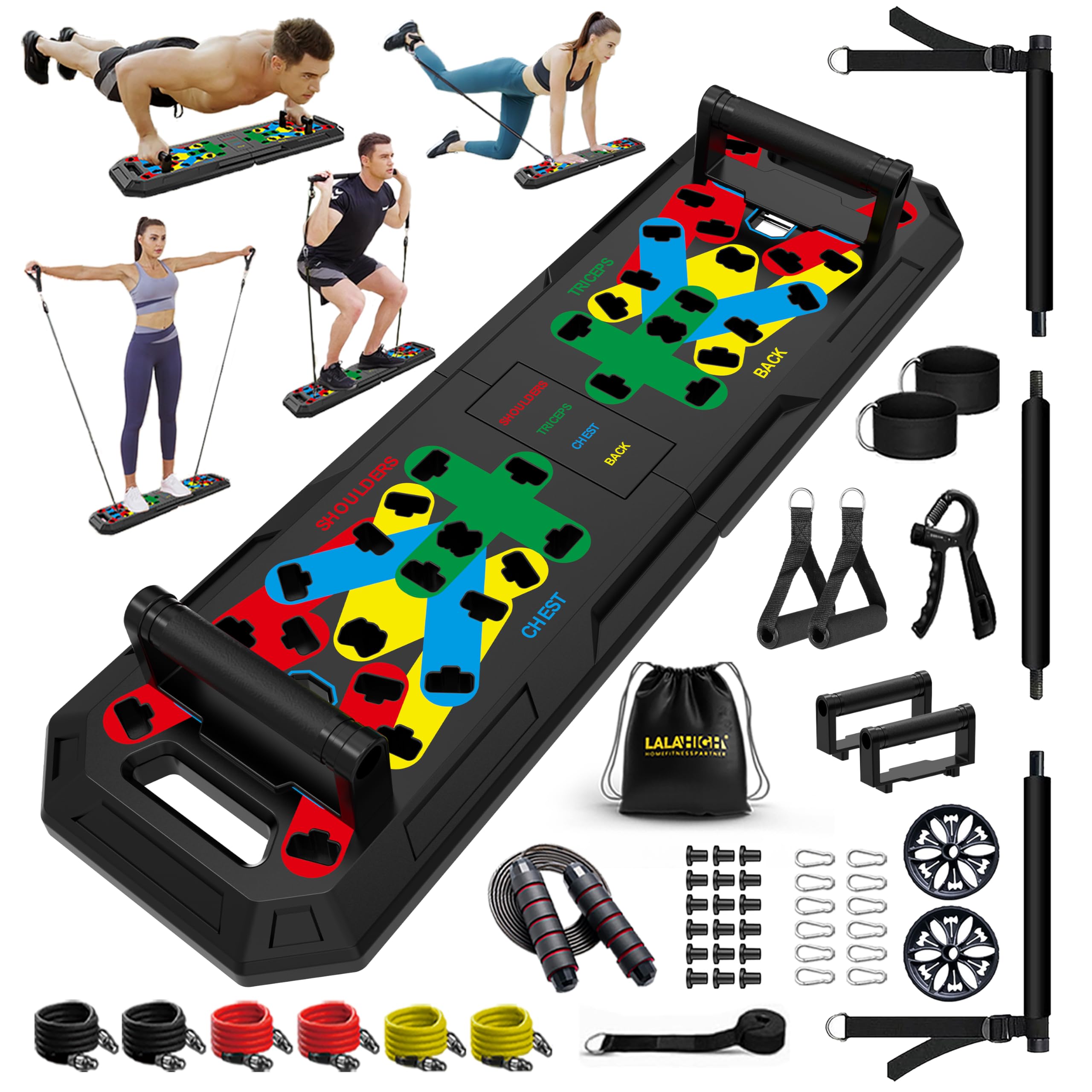 LALAHIGH All-in-One Home Gym Kit - Push-Up Board, Resistance Bands with Bar, Pilates Bar & Multi-Functional Training Board for Strength Training | Perfect for Home Workouts, Full-Body Exercise & Fitness Enthusiasts