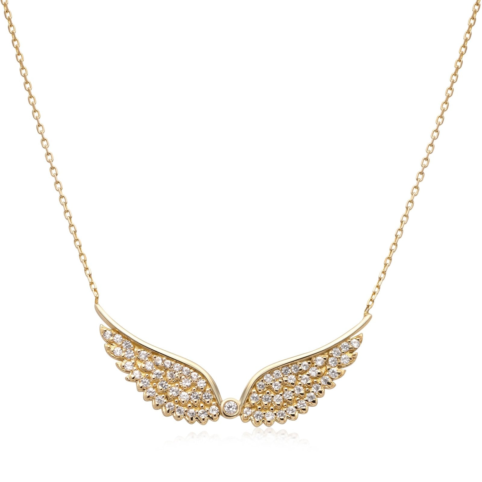 14K Yellow Gold Angel Wing Necklace with Sapphire Accents - Elegant Jewelry Gift for Women, Perfect for Anniversaries, Birthdays & Special Occasions