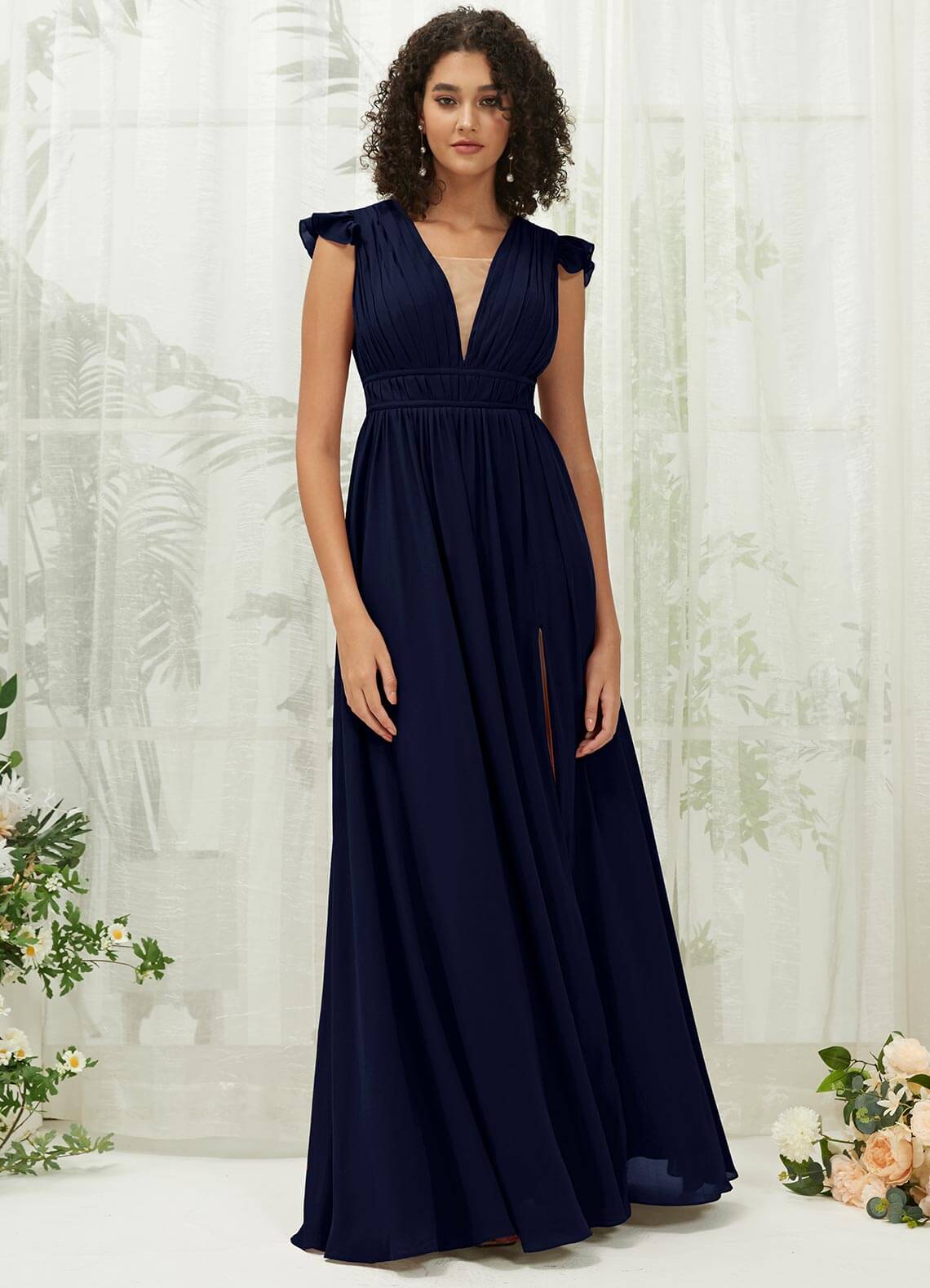 Elegant Dark Navy Chiffon Bridesmaid Dress with Cap Sleeves & Pleated V-Neck - Perfect for Weddings, Formal Events & Evening Parties