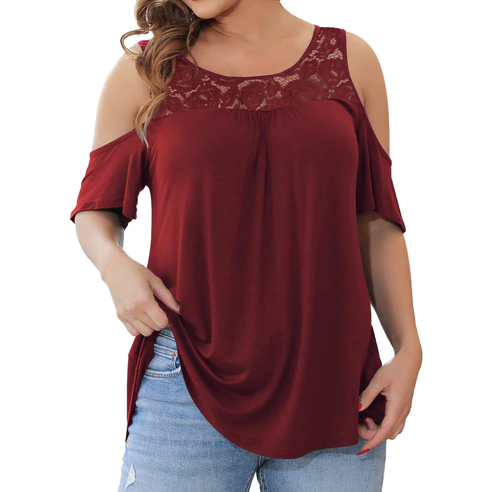 Plus Size Off Shoulder Lace Tunic Top for Women - Floral Stitch Detail Short Sleeve Summer Blouse to Wear with Leggings | Casual Outfit, Beach Wear & Vacation Essentials