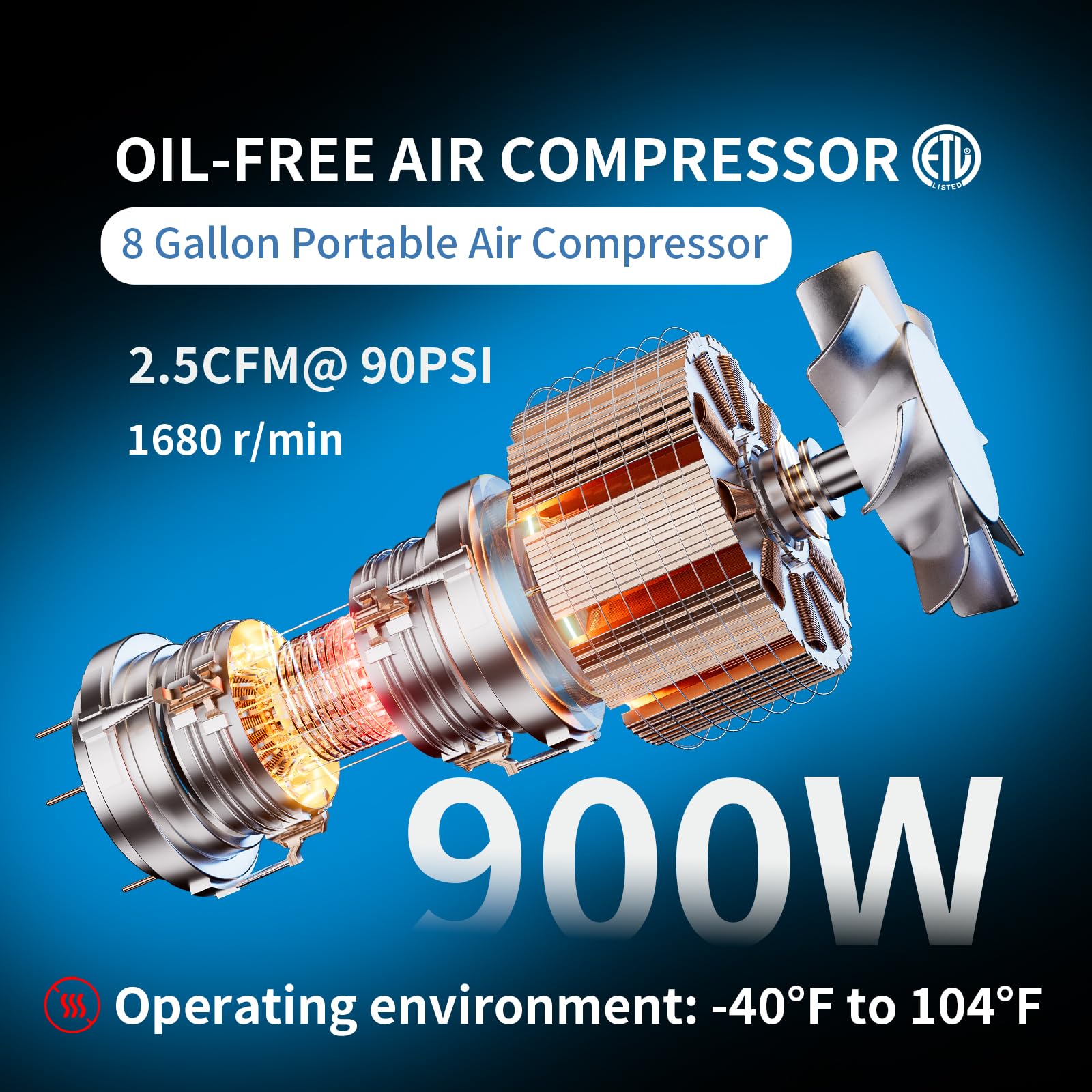 8 Gallon Portable Air Compressor 1HP 2.5 CFM@90PSI - Ultra Quiet 60dB Oil-Free Air Pump for Tires, Pneumatic Tools & Spray Painting - Perfect for Home Garage, Auto Repair & DIY Projects
