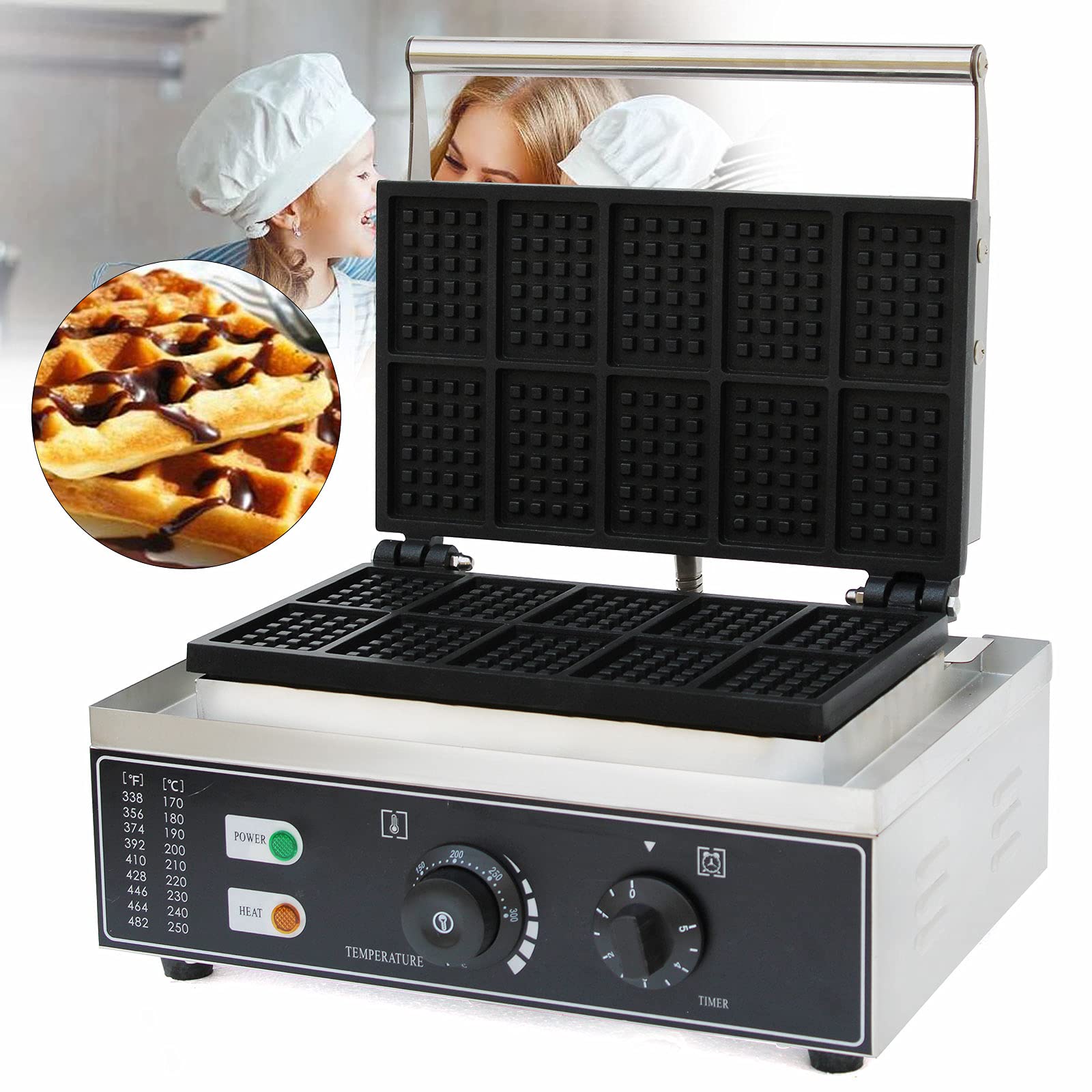 10 Molds Waffle Maker - 110V Mini Nonstick Waffle Iron with Adjustable Time & Temperature Control - Perfect for Bakeries, Restaurants & Home Breakfast - Make Heart-Shaped Waffles for Valentine's Day, Birthday Parties & Family Gatherings
