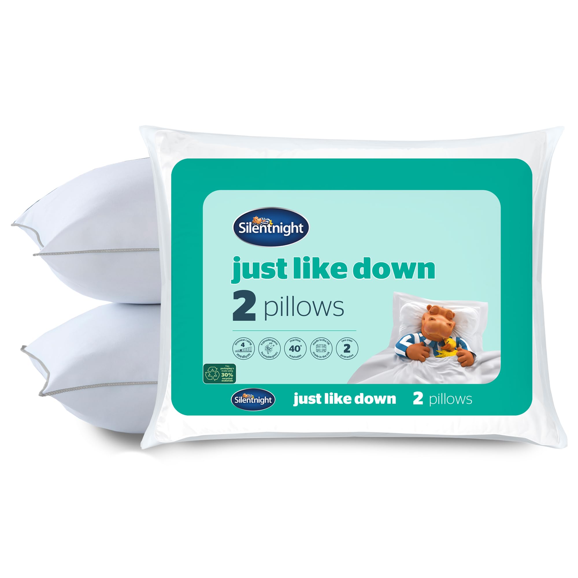 Silentnight Luxury Just Like Down Pillows - Pack of 2 Medium Support Hotel Bed Pillows with Soft Fill & Luxurious Stitching - Hypoallergenic & Machine Washable - Perfect for Side Sleepers & Guest Rooms