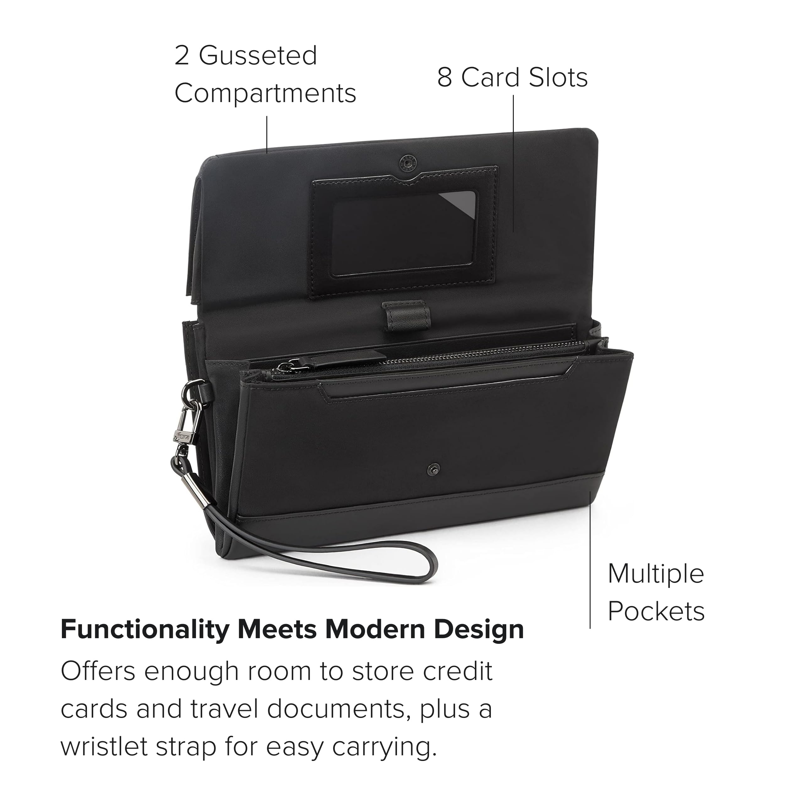 TUMI Voyageur Travel Wallet for Women - RFID Blocking Wristlet Wallet with Passport Holder, Cash & Card Slots - Secure Zipper Closure - Gift Box Included (Black/Gunmetal) - Perfect for Air Travel, Business Trips & Daily Use