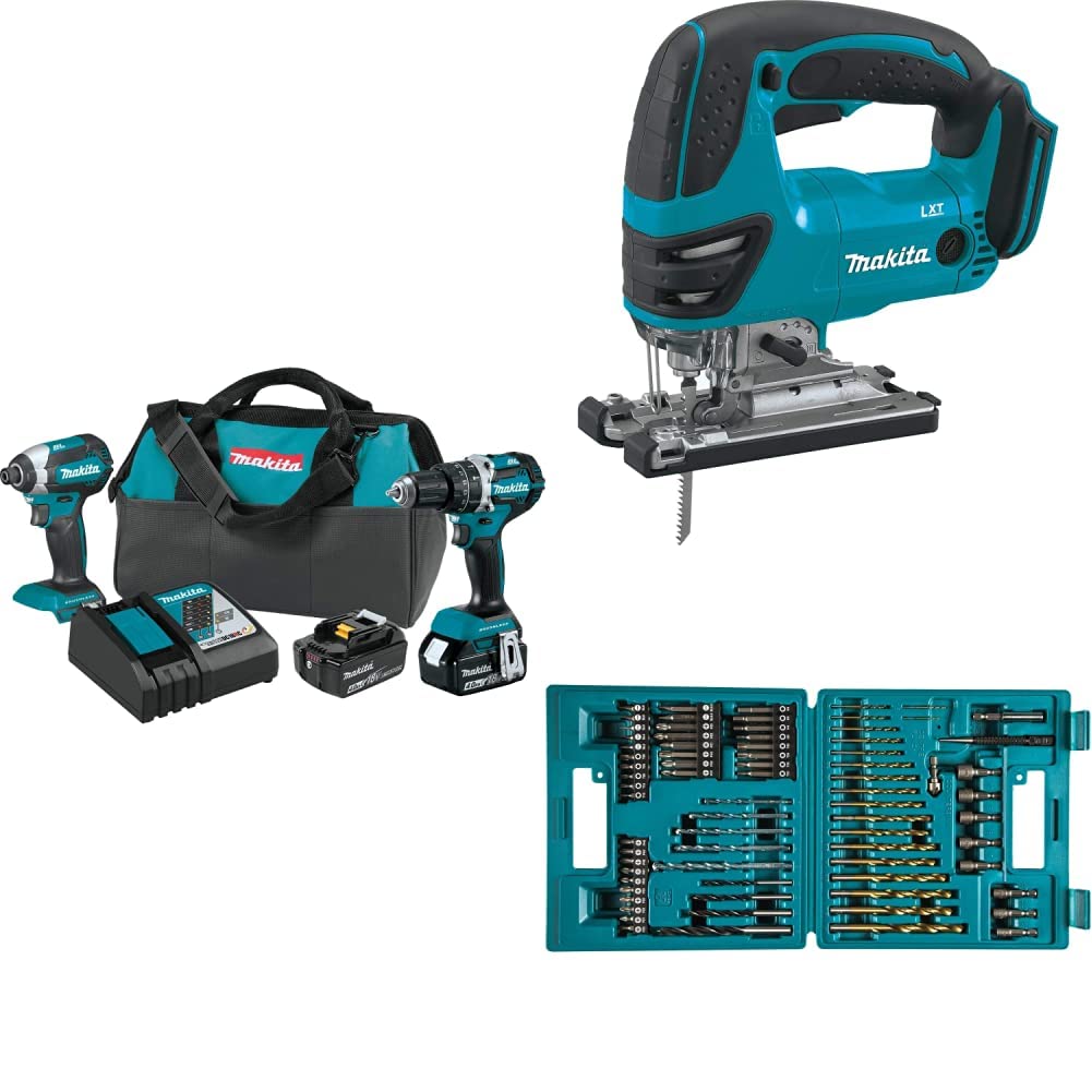 Makita XT269M 18V LXT Brushless Cordless Combo Kit with Jig Saw & 75-Piece Drill Bit Set (4.0Ah Lithium-Ion Battery) - Perfect for DIY Home Improvement, Woodworking, and Professional Construction Projects