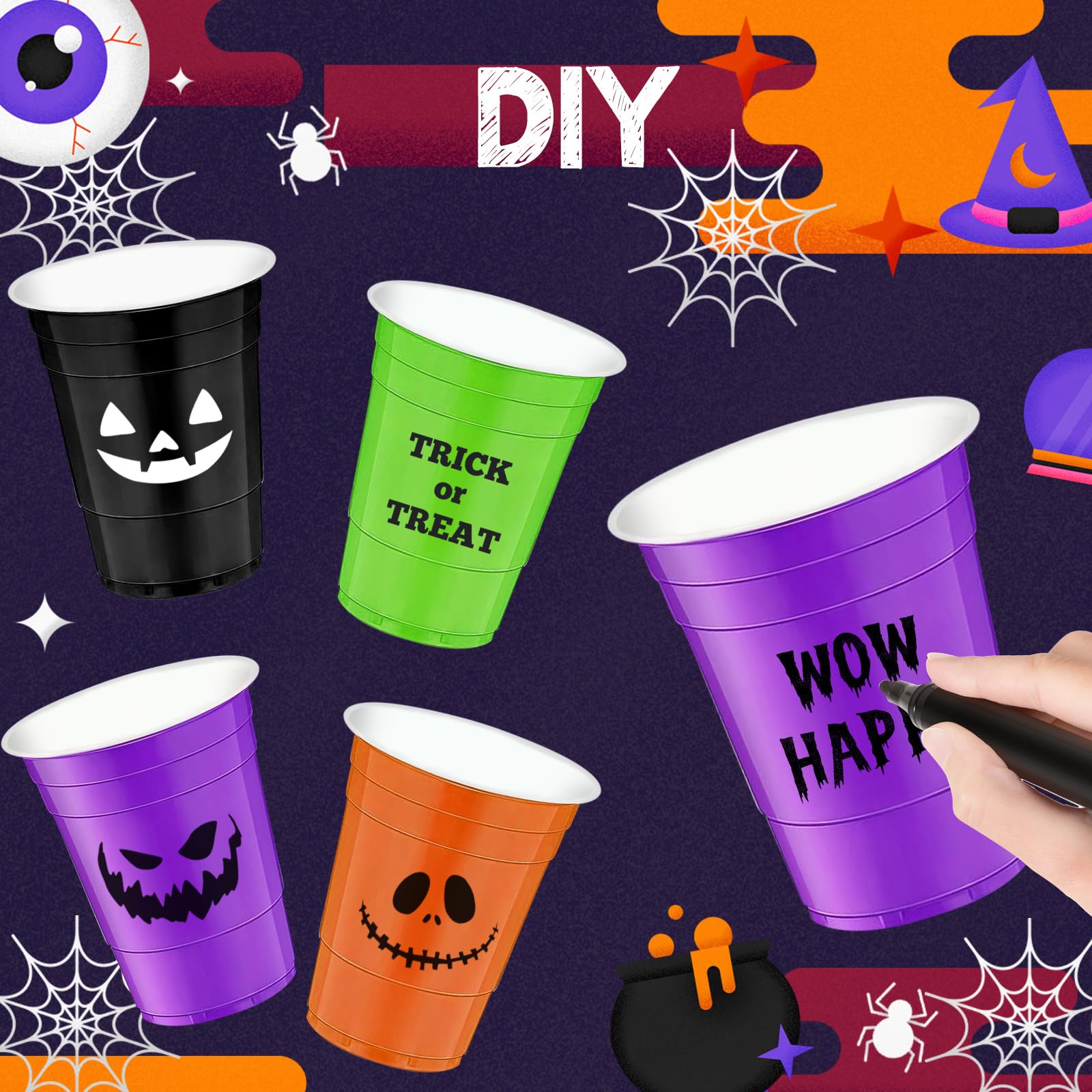 100 PCS 16 oz Halloween Disposable Plastic Cups - 4 Styles for Halloween Party Decorations, Beer, Beverage, Snacks & Candies - Perfect for Halloween Parties, Trick or Treat, and Fall Festivals