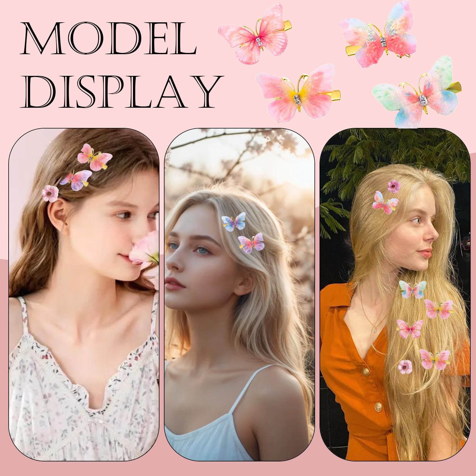 24Pcs Glitter Butterfly & Flower Hair Clips for Girls - Realistic Handmade 90s Hair Accessories (Pink) | Perfect for School, Parties, and Everyday Styling