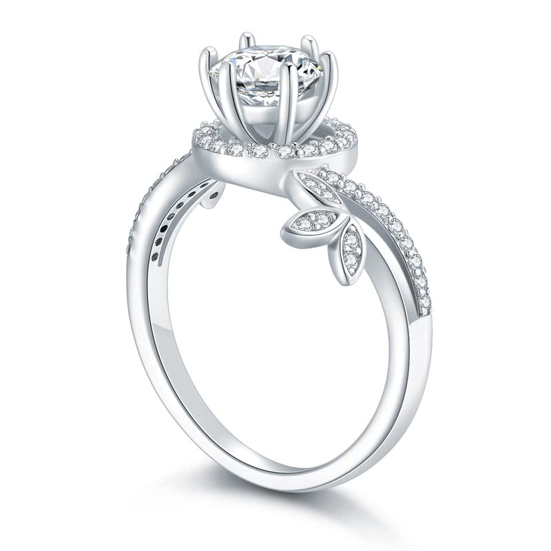 1.38 Carat Halo Moissanite Engagement Ring for Women - Platinum Plated Sterling Silver Wedding Band, Anniversary Gift, Promise Ring for Brides, Proposals & Special Occasions
