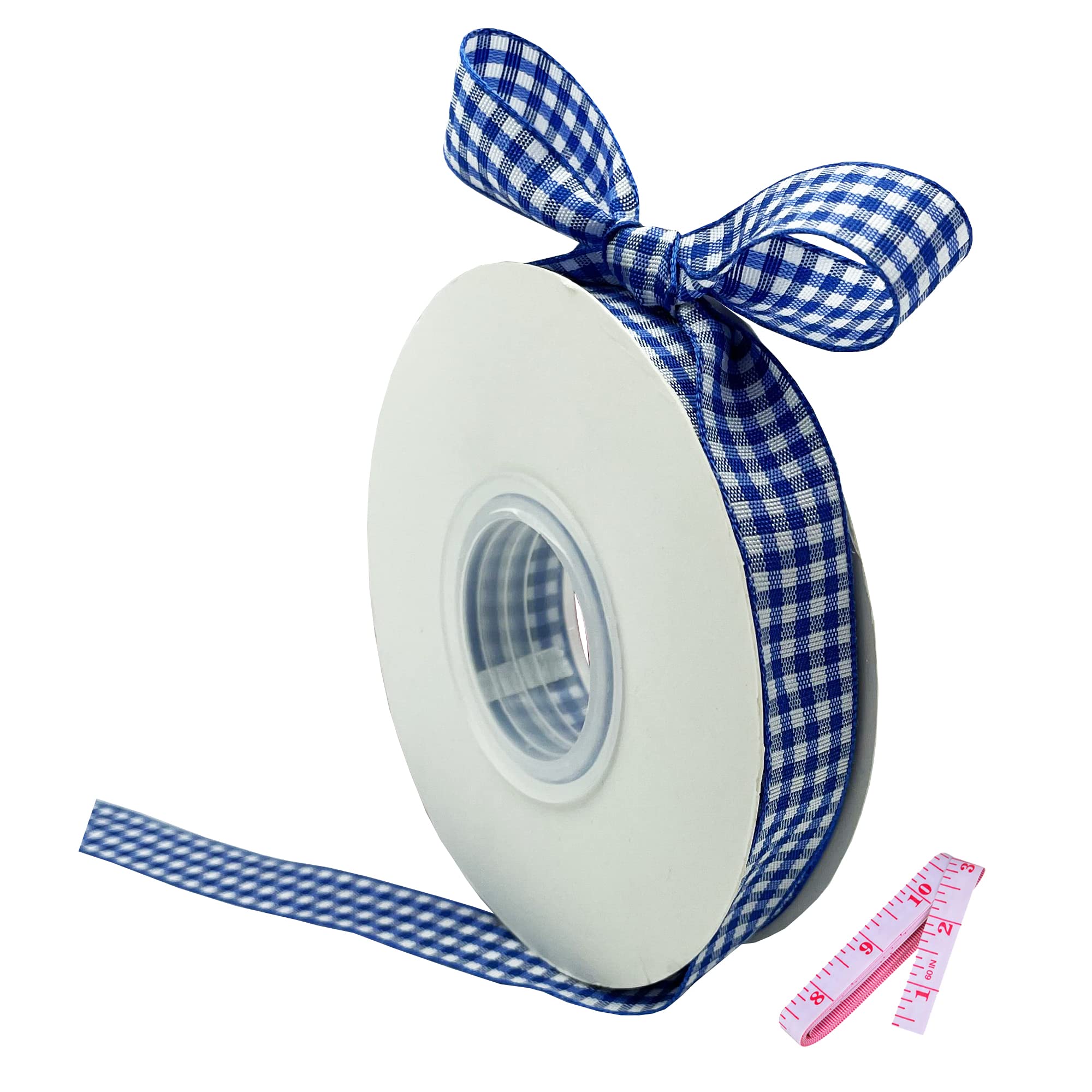 Blue and White Gingham Ribbon - 5/8 Inch x 25 Yard Roll - Polyester Woven Edge Ribbon for Crafts, Hair Accessories, Gift Wrapping & Christmas Decorations - Includes 60 Inch Tape Measure - Perfect for DIY Projects, Picnic Decor, Party Favors & Scrapbooking