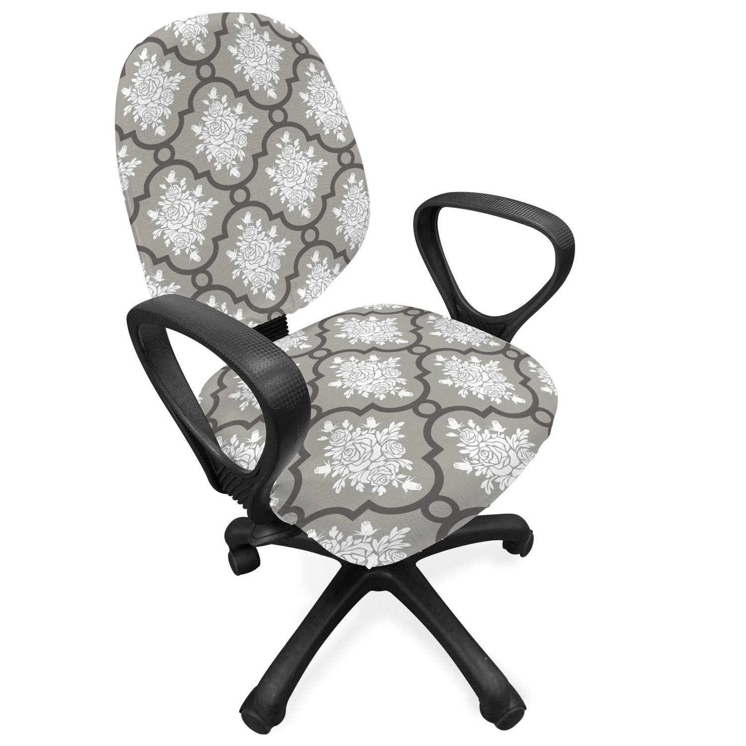Lunarable Floral Office Chair Slipcover - Gothic Linked Rose Patterns with Leaves, Soft Stretch Fabric Cover for Home & Office Decor (Grey White) | Perfect for Desk Chairs, Conference Rooms & Home Offices