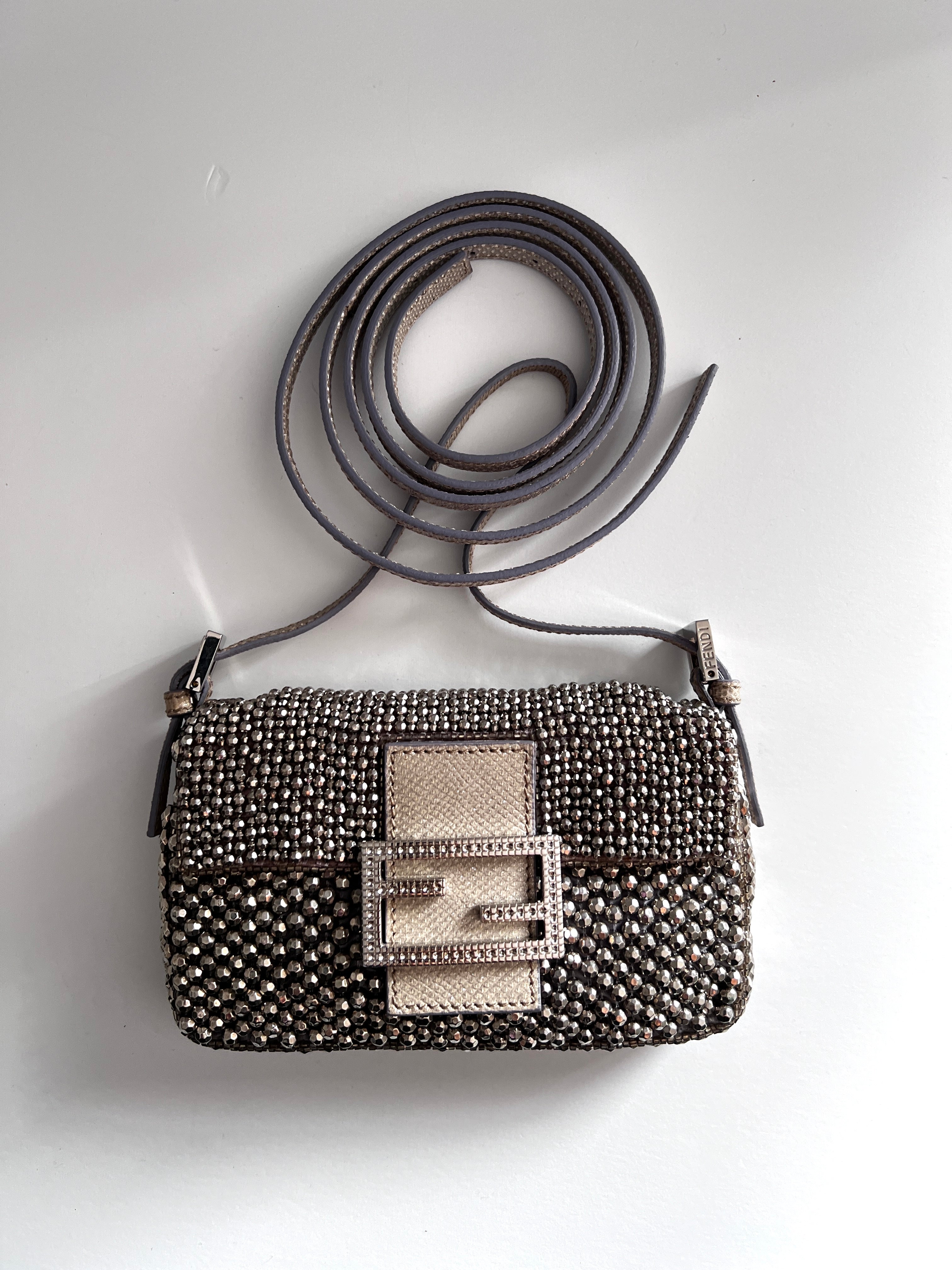 Fendi Silver Beaded Mini Baguette Bag - 3-Way Crossbody Shoulder Clutch Purse for Women | Perfect for Parties, Date Nights & Special Occasions