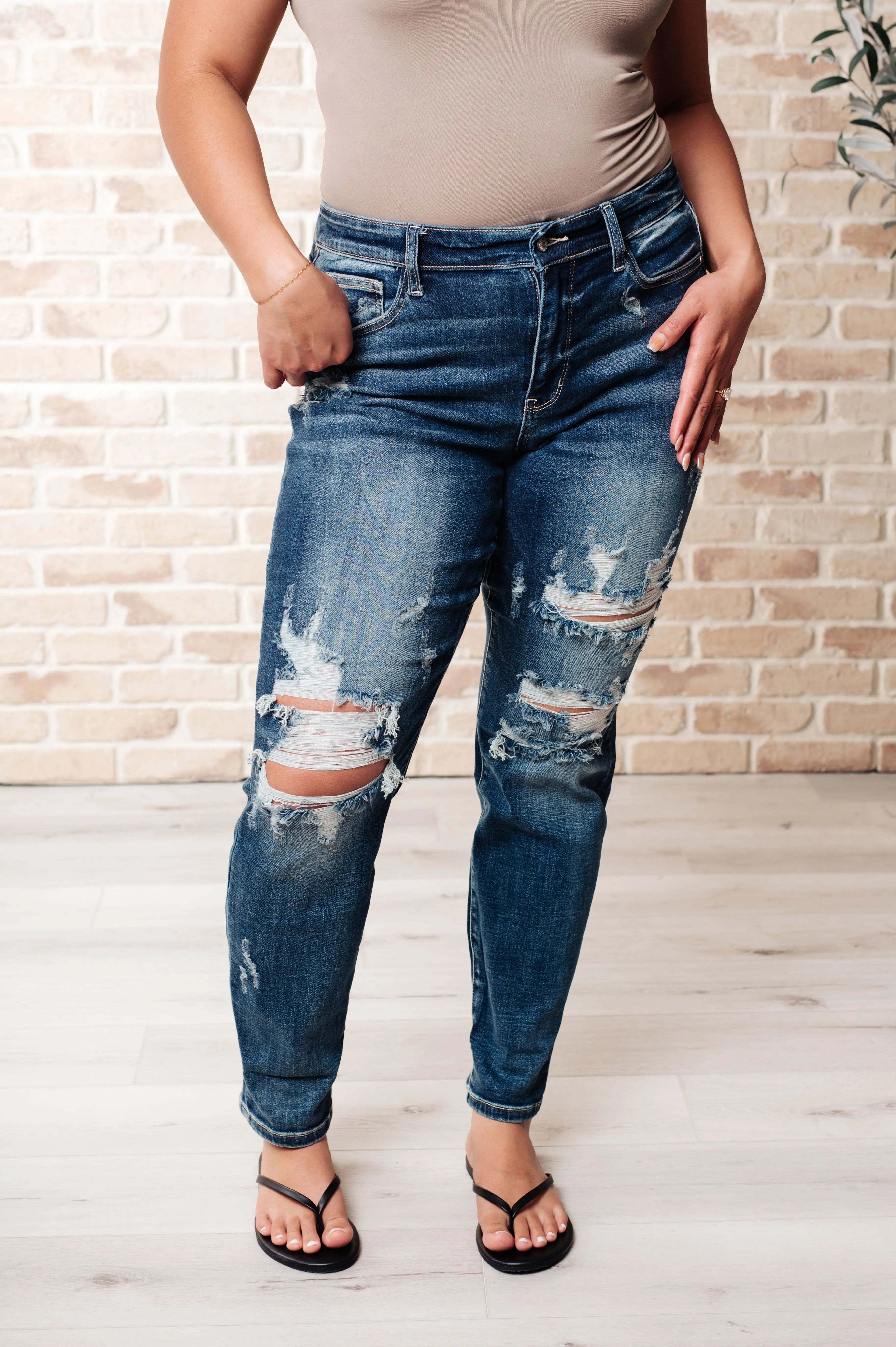 Danny Mid Rise Cuffed Destroyed Boyfriend Jeans for Women - Distressed Denim Pants with Comfortable Stretch - Perfect for Casual Outings, Street Style & Everyday Wear