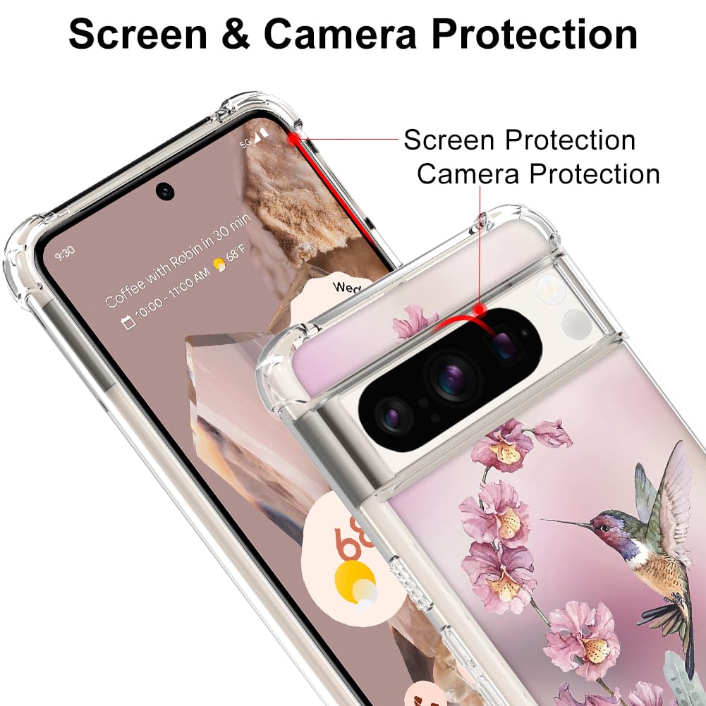 OOK Clear Case for Google Pixel 8 Pro - Pink Hummingbird Design, Flexible TPU Shockproof & Anti-Scratch Transparent Cover with Ring Kickstand | Perfect for Daily Protection, Work & Travel