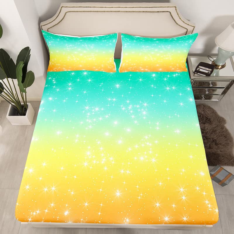 Starry Sky Gradient Bed Sheet Set - Green Yellow Ombre Fitted Sheet Twin Size for Kids, Boys & Girls - 3 Piece Space Themed Bedding with Pillowcase - Perfect for Galaxy Themed Bedrooms, Kids' Rooms & Dorm Decor