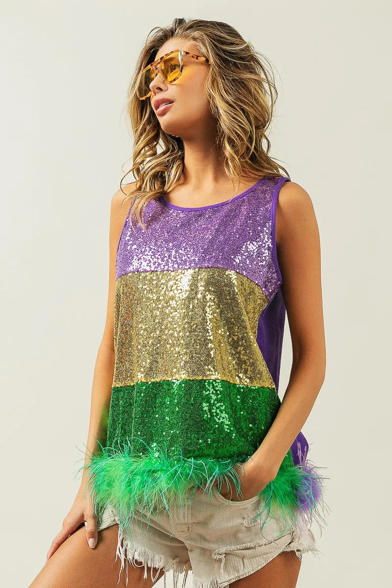 BiBi Mardi Gras Color Block Faux Feather Hem Sequin Top | Glam Party Blouse for Carnival, Costume Party & Night Out
