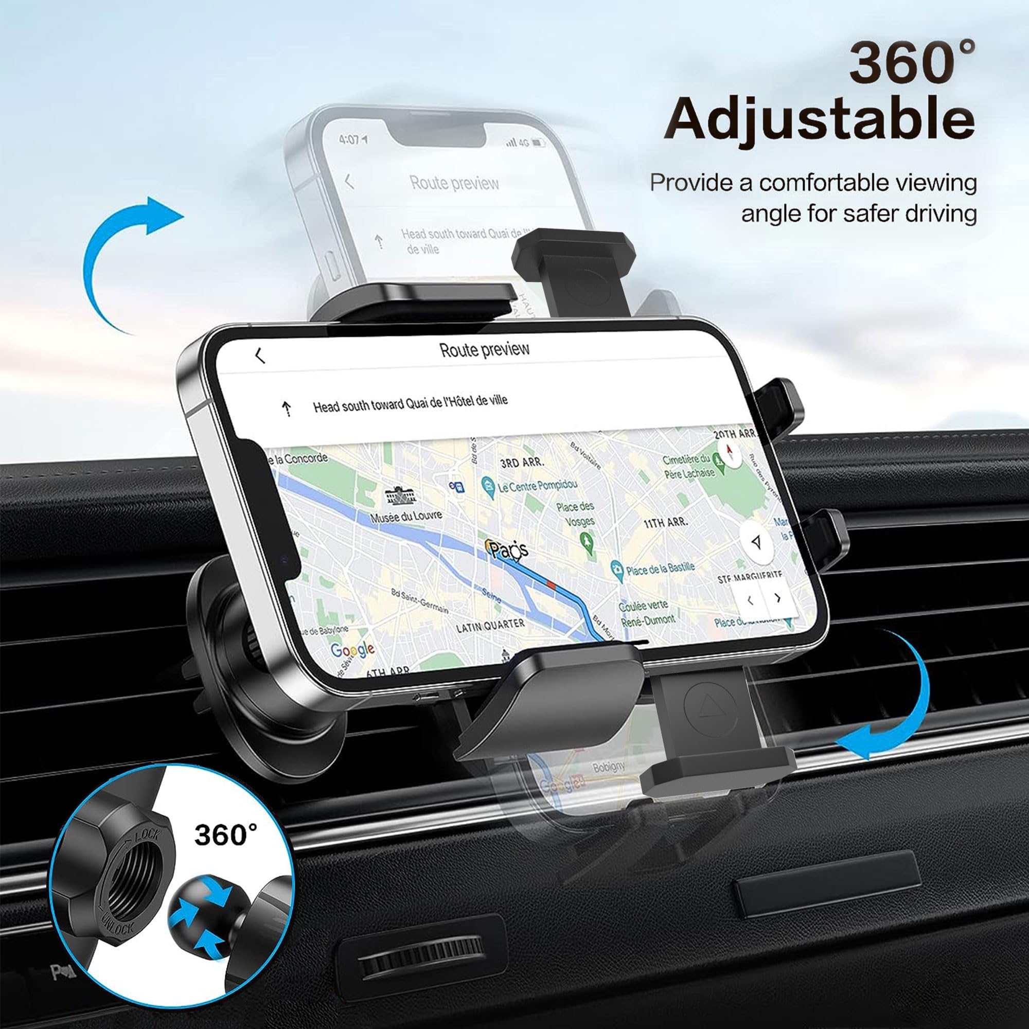 Universal Car Phone Holder - Vent Mount for iPhone & Android Smartphones - Hands-Free Driving, GPS Navigation & Safe Commuting