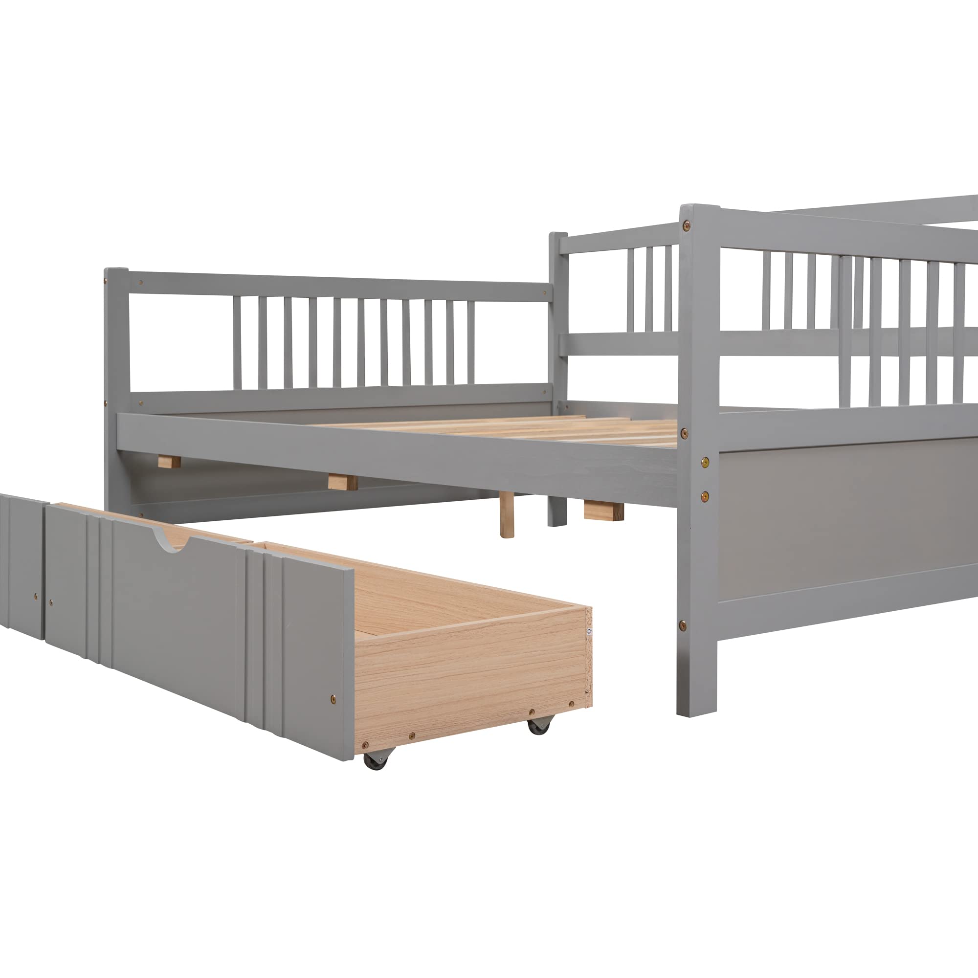 Full Size Wooden Daybed with 2 Storage Drawers & 10 Wooden Slats - No Box Spring Needed (Grey) | Perfect for Guest Rooms, Dorms & Small Spaces