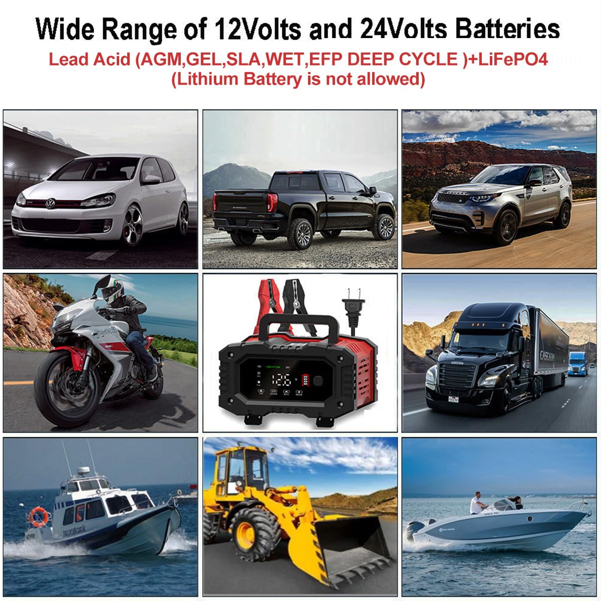 12V/24V Smart Battery Charger for Car, Truck, Motorcycle - Auto Maintenance & Repair