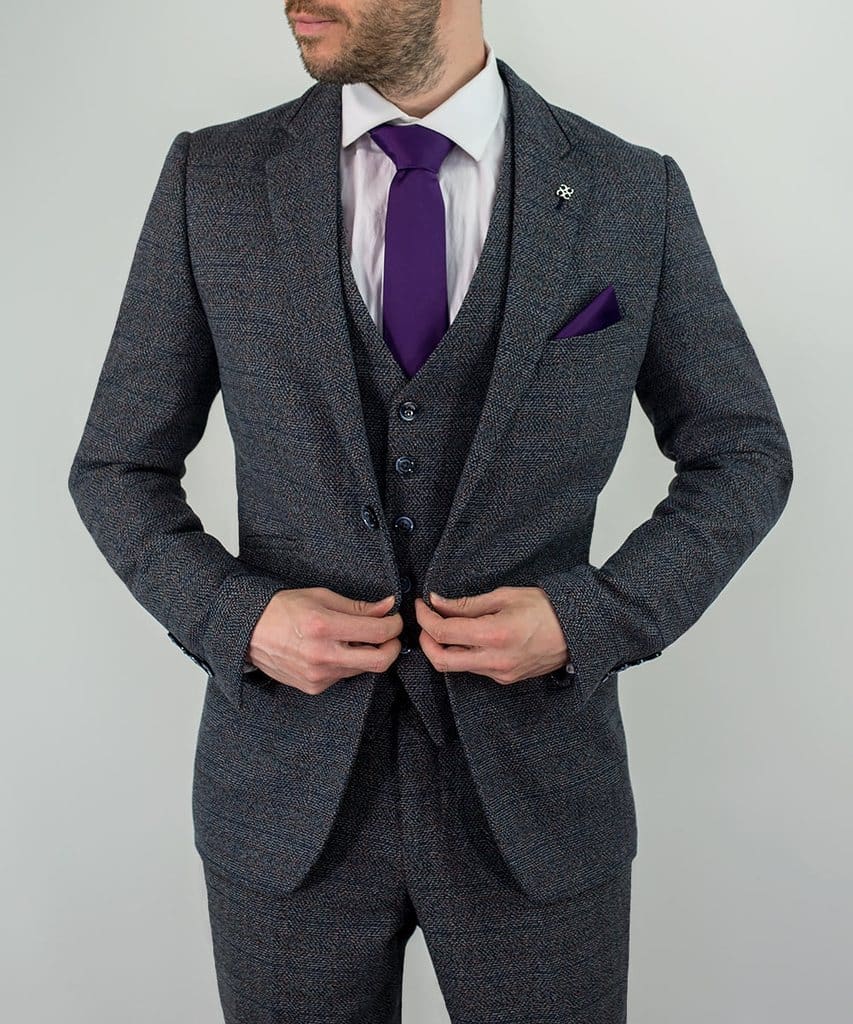House of Cavani Blue Burnaby 3 Piece Tweed Suit for Men - Premium Wool Blend Business & Wedding Attire - Formal Office Wear & Special Occasions