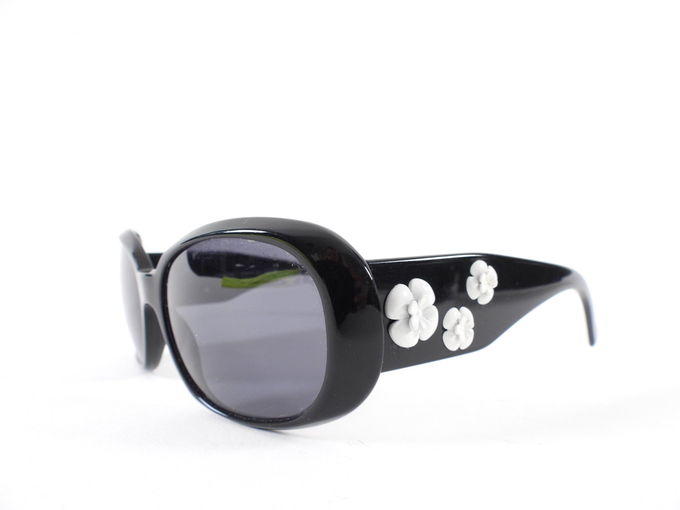 Chanel Oval Acetate Sunglasses with White Camelia Arms - Luxury Designer Shades for Women, UV Protection - Perfect for Beach, Driving & Fashion Outfits