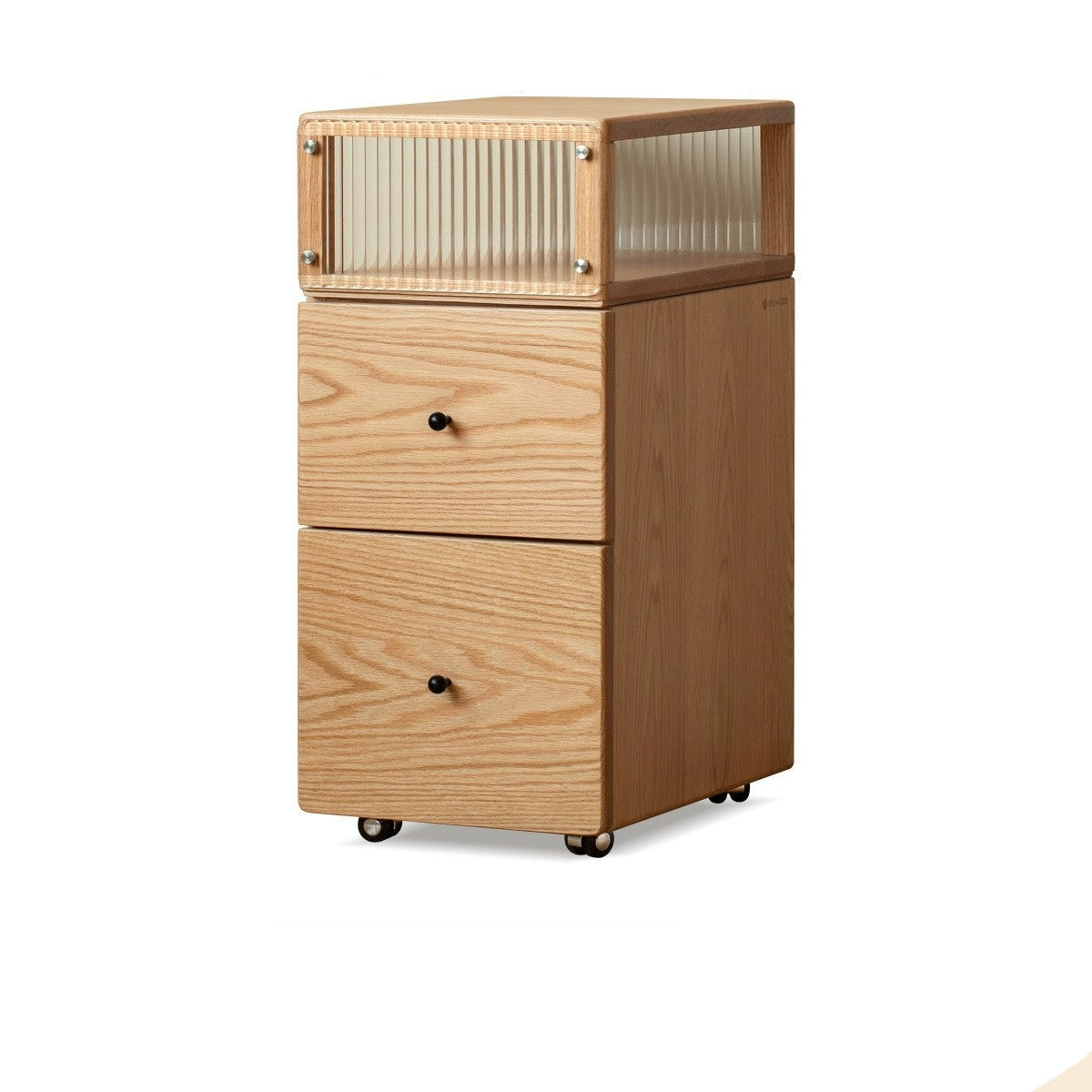Solid Oak Wood Nightstand with Wheels and Built-in Light - Narrow Bedside Table for Small Spaces - Perfect for Bedrooms, Dorms, and Apartments