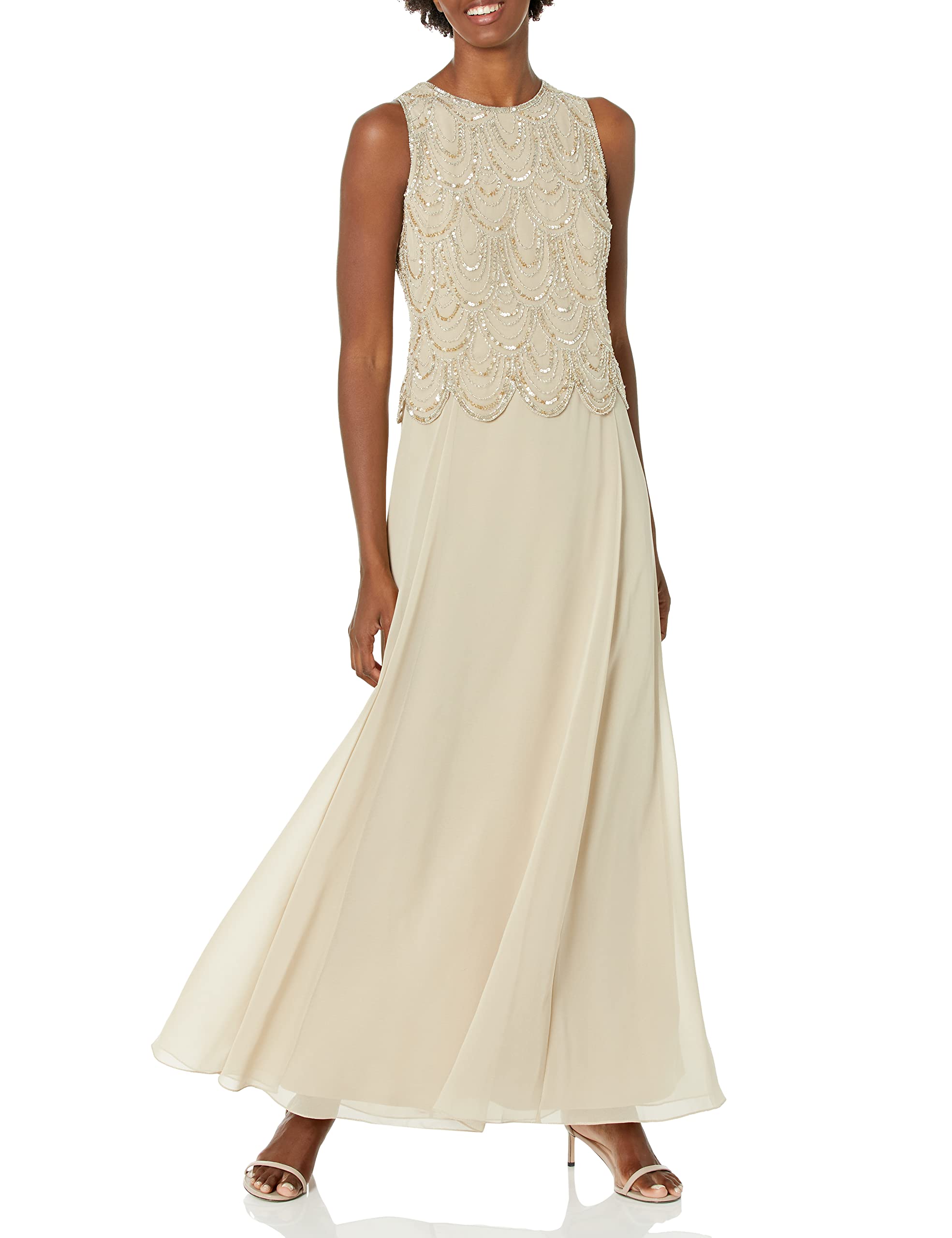 J Kara Women's Plus Size Sleeveless Beaded Maxi Dress with Detachable Scarf - Elegant Evening Gown for Wedding, Party & Special Occasions