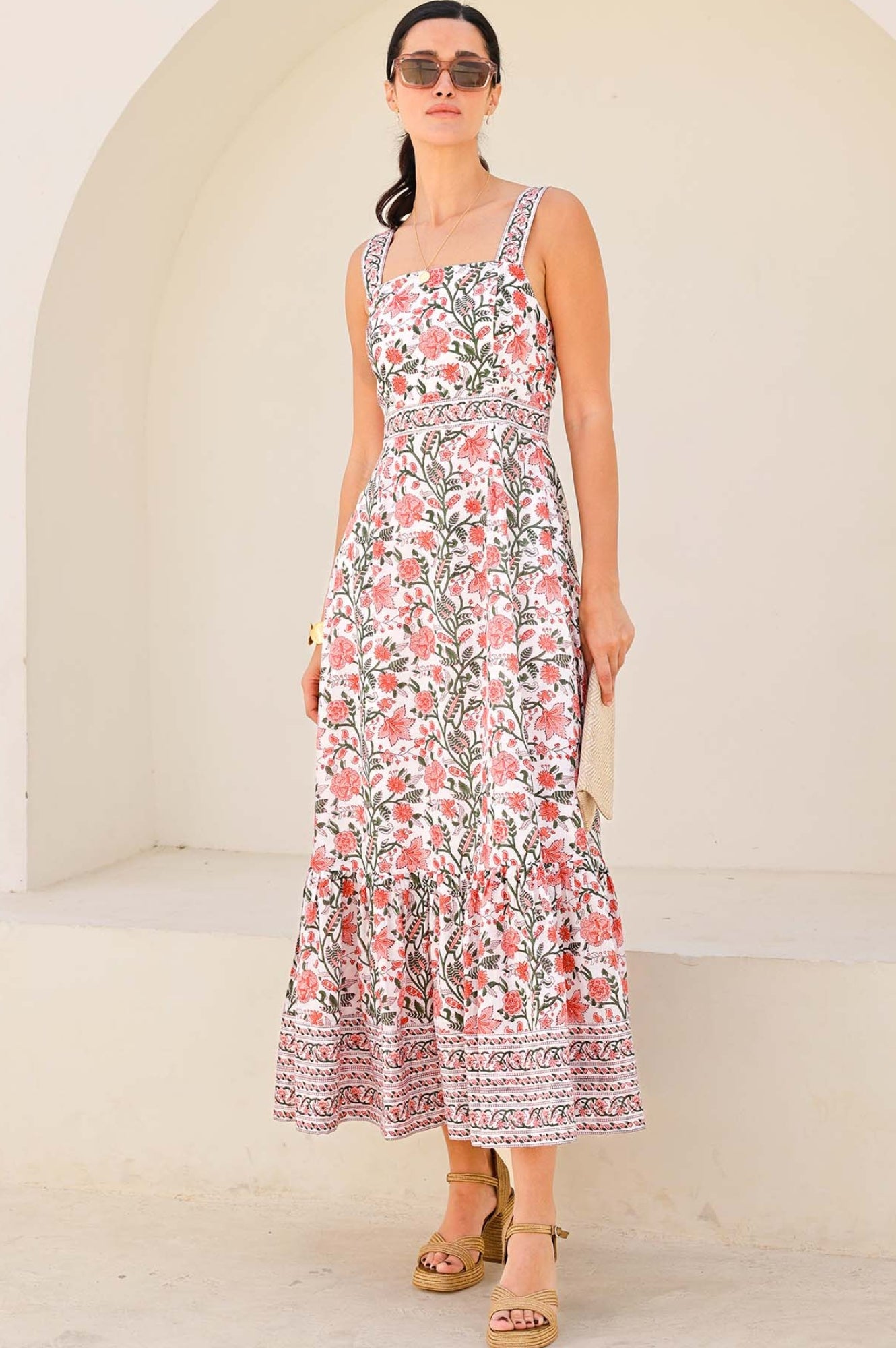 Aurelia Organic Cotton Block Print Dress - Gardenia Pink & Green Floral | Boho Summer Dress for Women | Perfect for Beach, Vacation & Casual Outings
