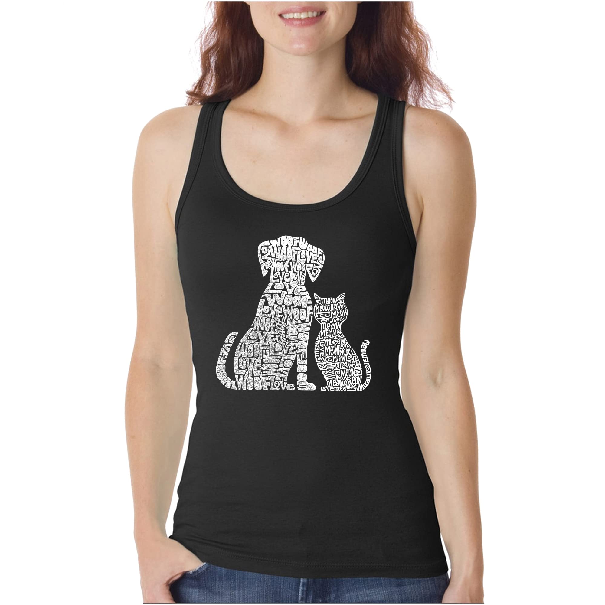 LA POP ART Women's Graphic Tank Top with Dog & Cat Word Art Design - Perfect for Casual Wear, Pet Lovers & Summer Outfits
