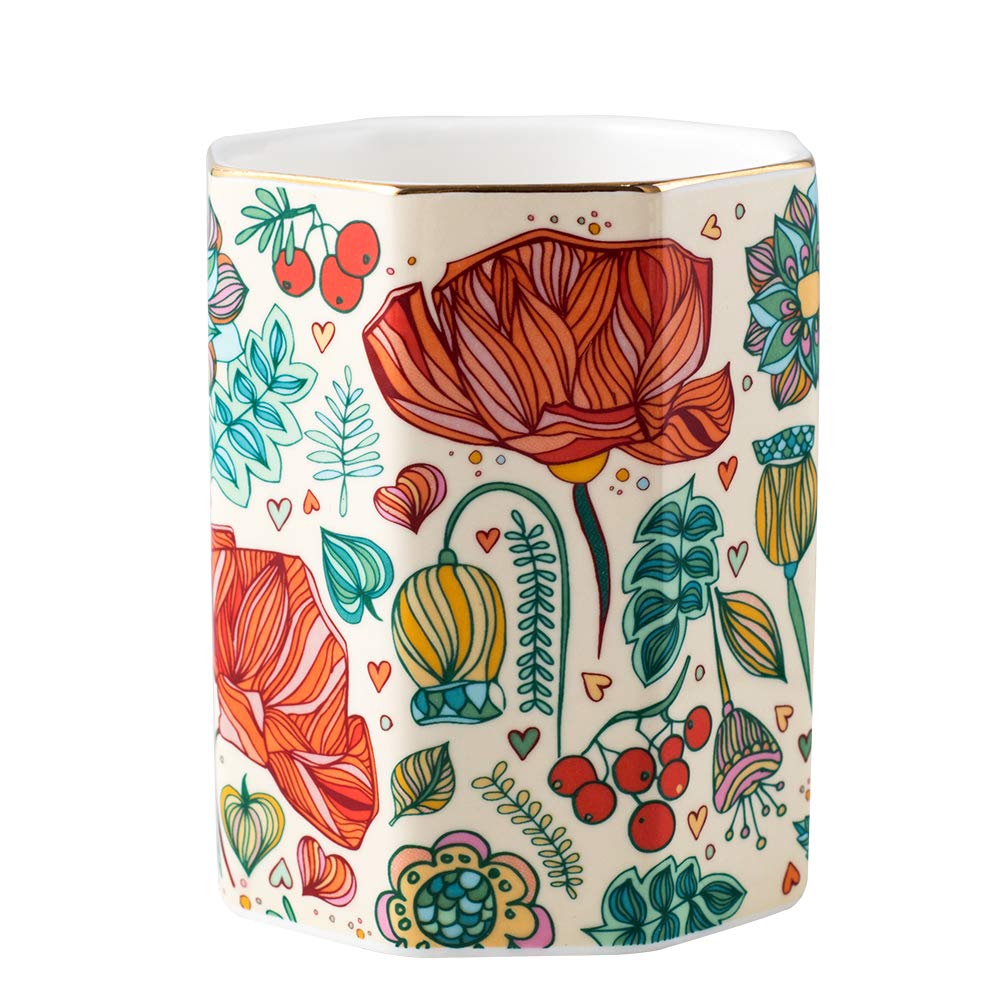 YOSCO Ceramic Pen Holder for Desk - Cute Flower Stand Pencil Cup, Desk Organizer & Makeup Brush Holder for Women | Perfect for Office, Study & Vanity Organization (Flower Design)