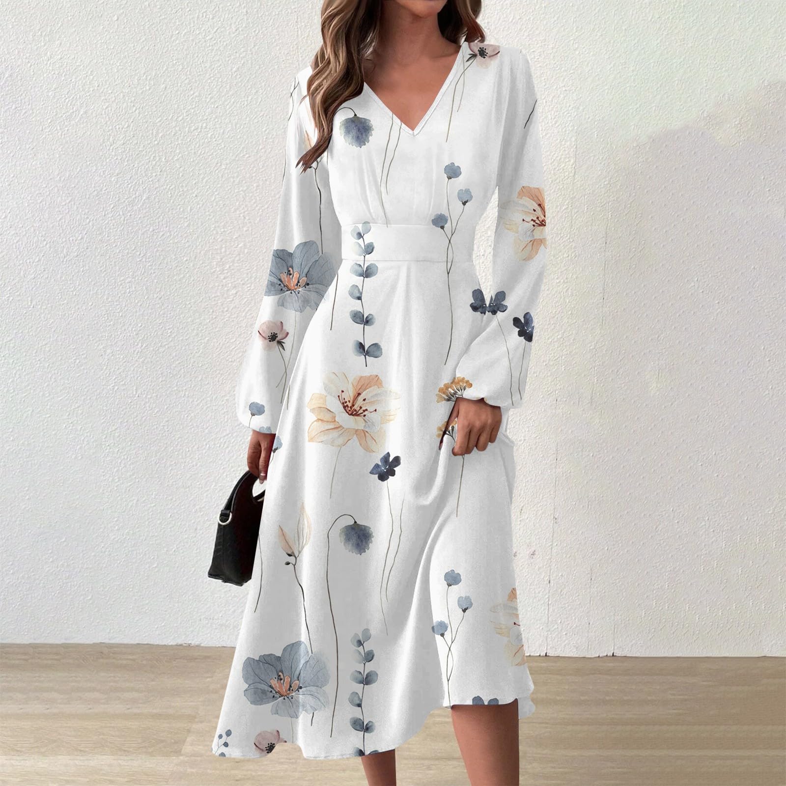 Women's Fall Dresses 2024 - Elegant Midi Wrap Dress with V-Neck & Puff Long Sleeves | Flowy A-Line Casual to Cocktail Party Dress for Work, Date Night & Special Occasions