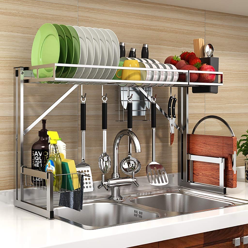 Stainless Steel Over the Sink Dish Drying Rack - Space Saving Kitchen Storage Shelf with Utensil Holder, Countertop Organizer for Dishes & Cutlery (86.7x31.3x53.4cm) - Perfect for Small Kitchens, Apartments & RV Living