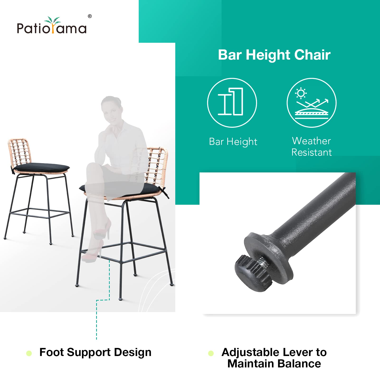 **Patiorama Outdoor Bar Stools Set of 2 – Counter Height Rattan Bar Chairs with Footrest, Hand-Woven Armless Design – Beige & Black Cushion – Perfect for Garden, Pool, Patio, Kitchen, Cafe, and Indoor Use**