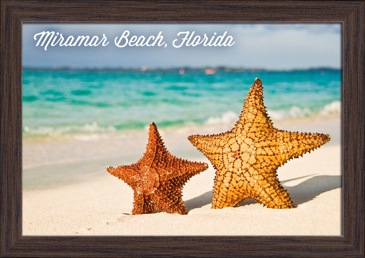 12x18 Giclee Fine Art Print of Starfish on Miramar Beach Florida - Recycled Wood Frame in Espresso Brown - Perfect for Coastal Decor & Beach House Wall Art