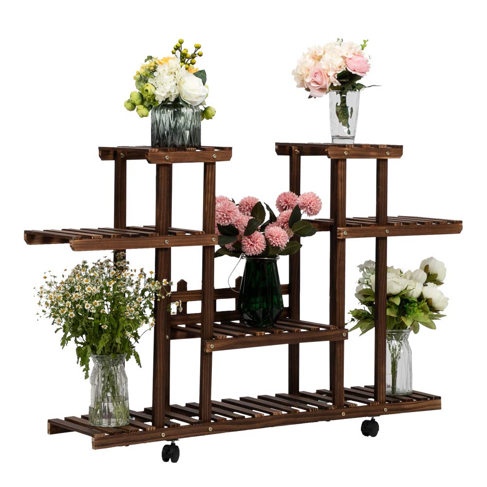 Wooden Plant Stand with Wheels - 3-Tier Flower Shelf for Indoor & Outdoor Use - Multi-Layer Planter Display for Garden, Balcony, Patio, Yard & Living Room - Perfect for Small Spaces & Home Decor