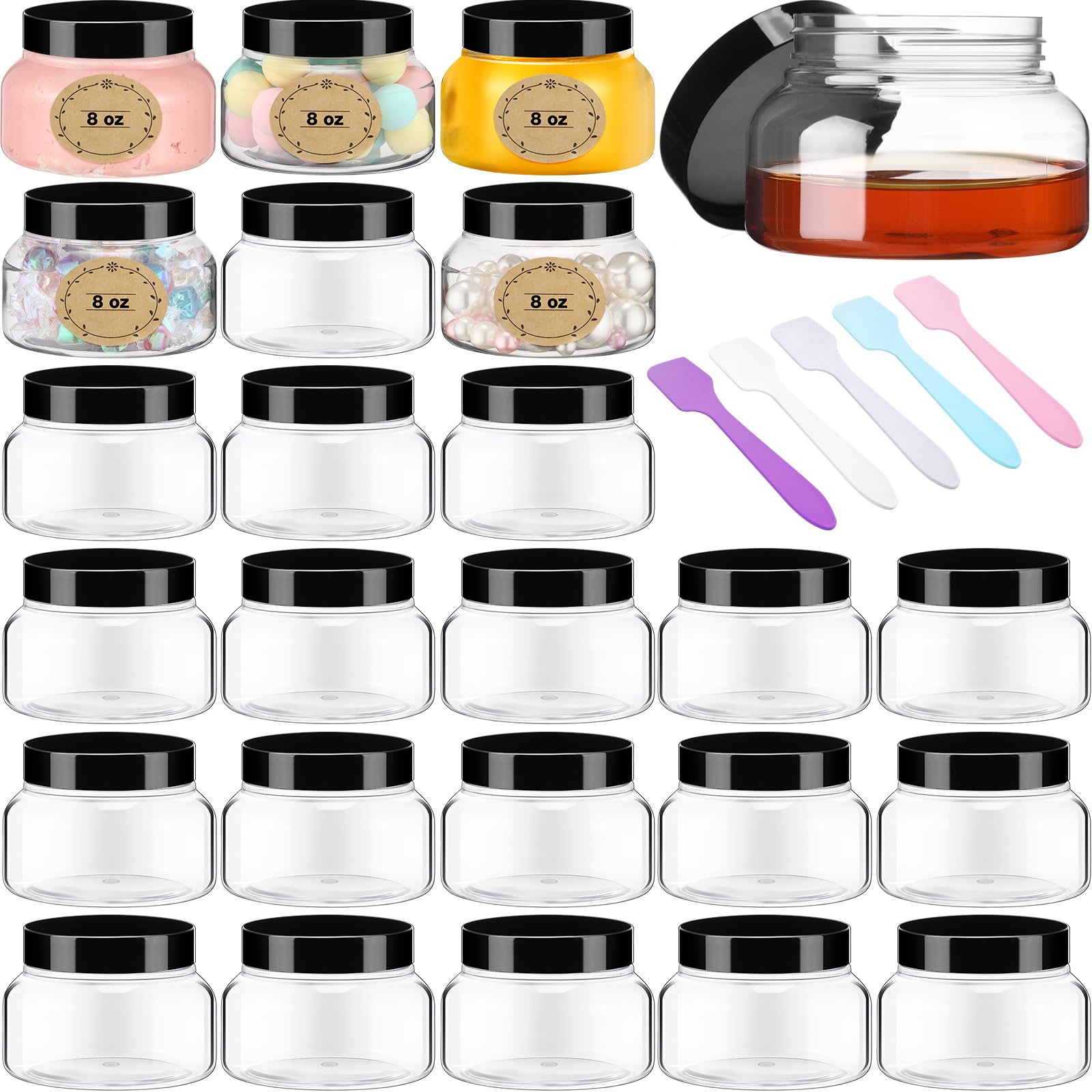 Lallisa 42-Piece 8 oz Clear Plastic Jars with Black Lids & Labels - Round Refillable Cosmetic Containers for Body Butter, Sugar Scrubs, Lotions & Creams | Perfect for DIY Skincare, Bath Products & Home Organization
